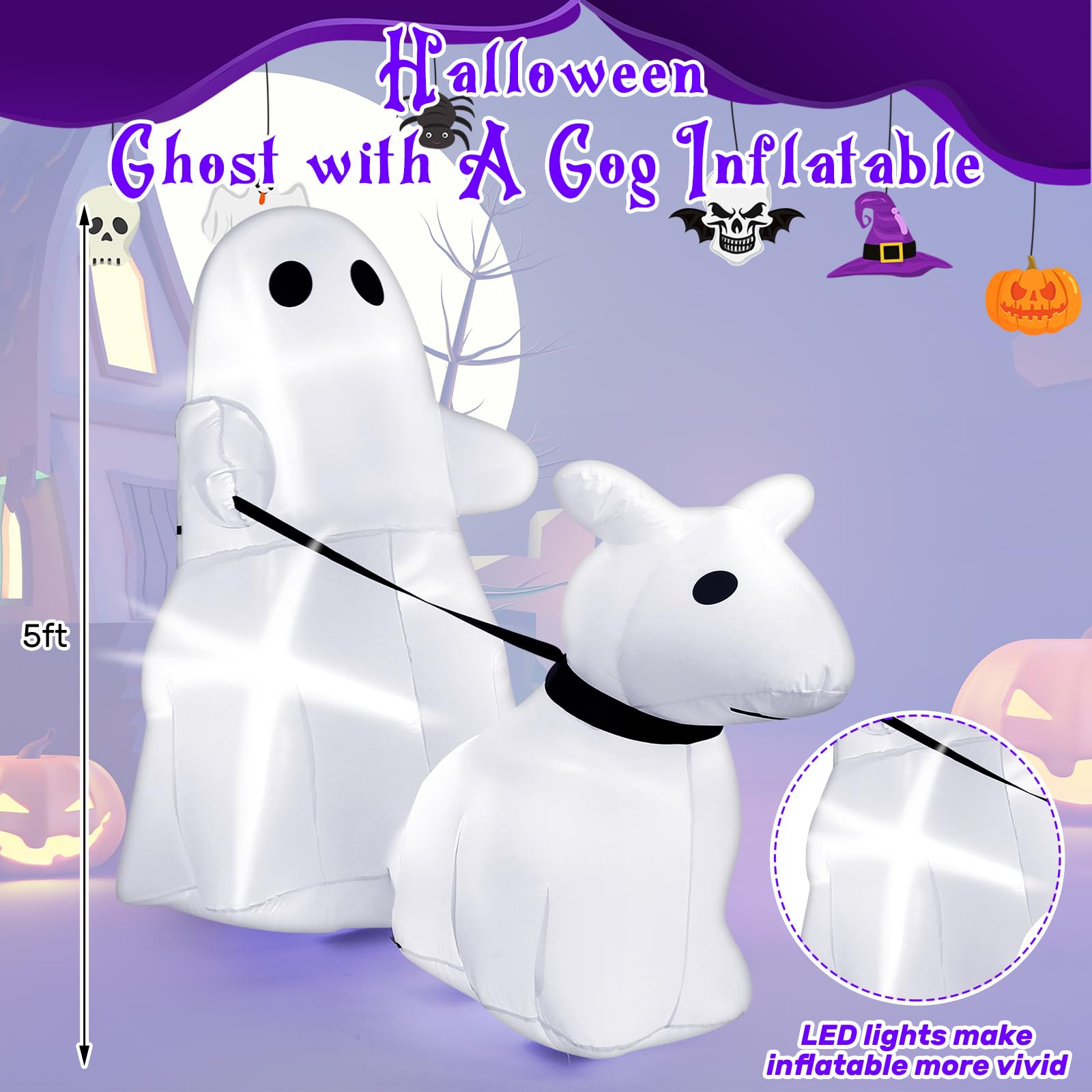 Leyndo 5 ft Halloween Inflatables Walking Ghost Dog Outdoor Decoration Halloween Blow up Yard Decorations with Built-in LED Ligh