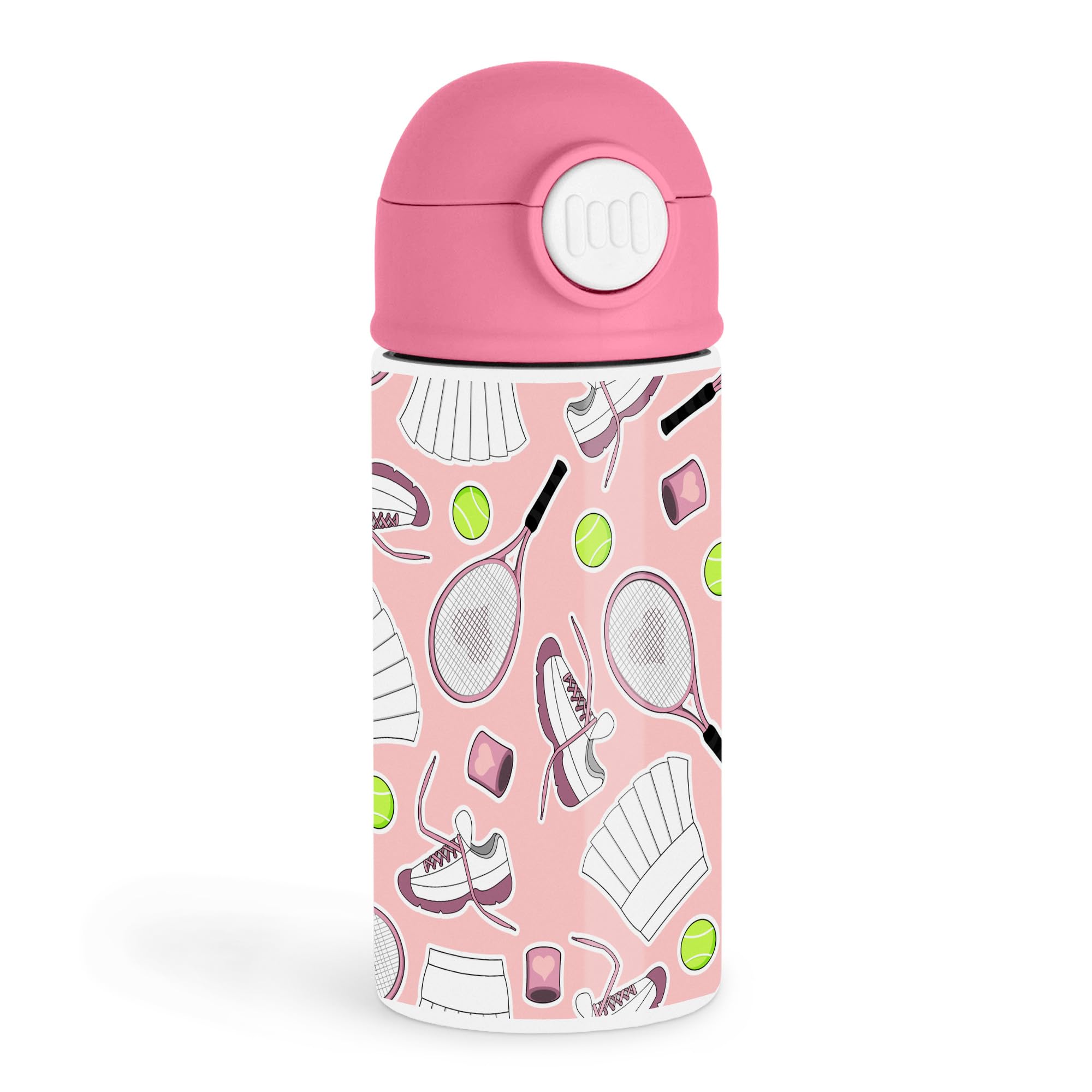 Sweet Junior Tennis Player 12oz Kids Pink Bottle  Cute tennis gear patterns in pink tones  Sports Practice, School Day