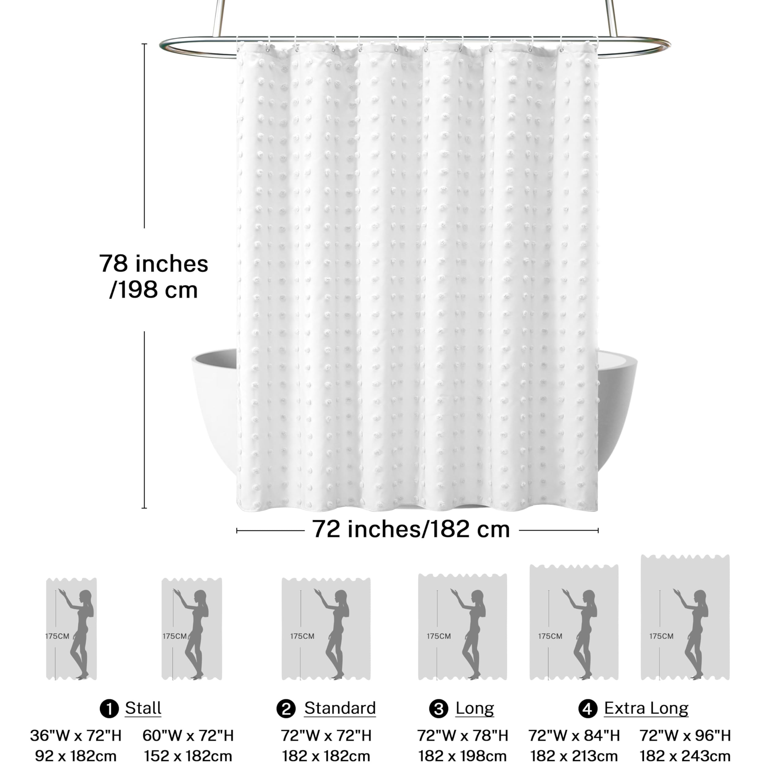 Extra Long Boho Farmhouse Shower Curtain Woven Fabric White Shower Curtain, 72 X 78 Tufted Pleat Floral Puffs Textured Modern Fa
