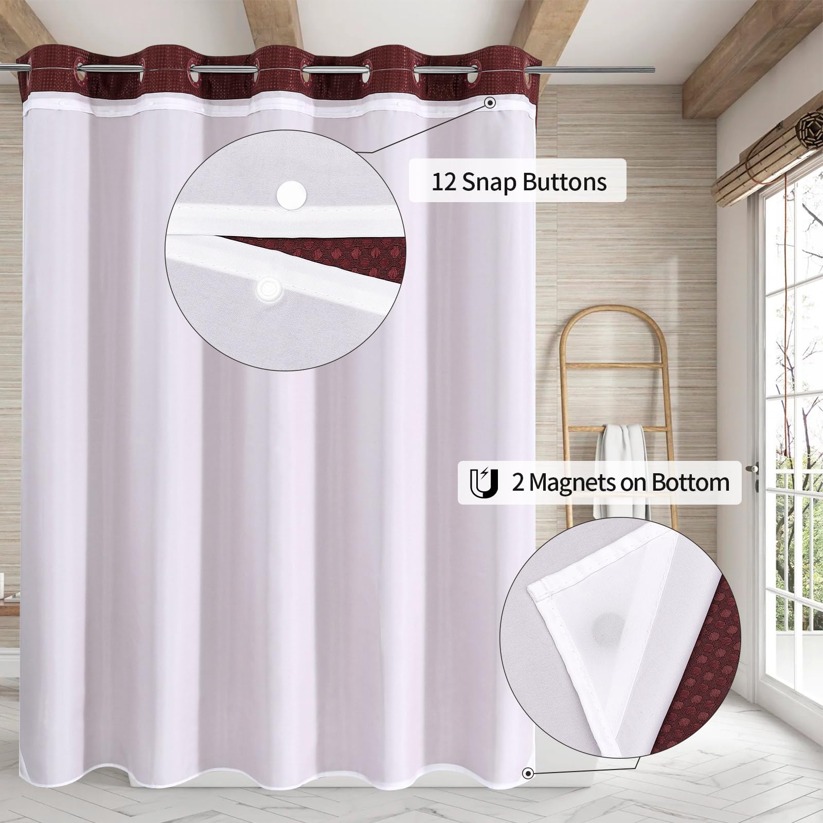 MitoVilla Burgundy Waffle Shower Curtain with Snap-in Liner, 72"x74", Heavy Duty Polyester for Luxury Bathroom Decor