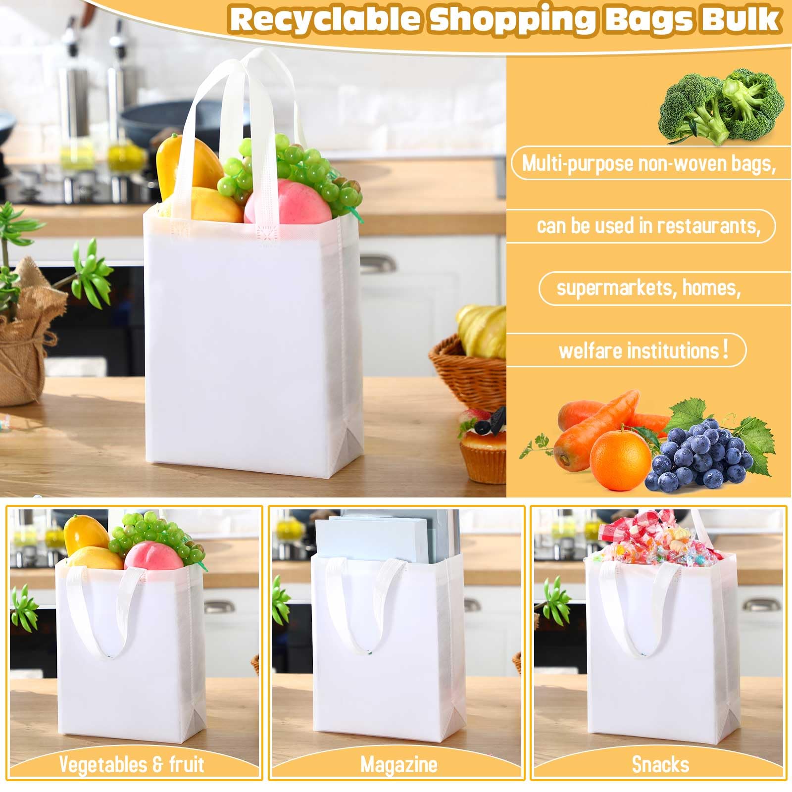 Windyun 50 Pcs Reusable Tote Bag Bulk 8 x 4 x 10 Inch Non Woven Shopping Bag with Handle Christmas Reusable Grocery Gift Tote(Wh