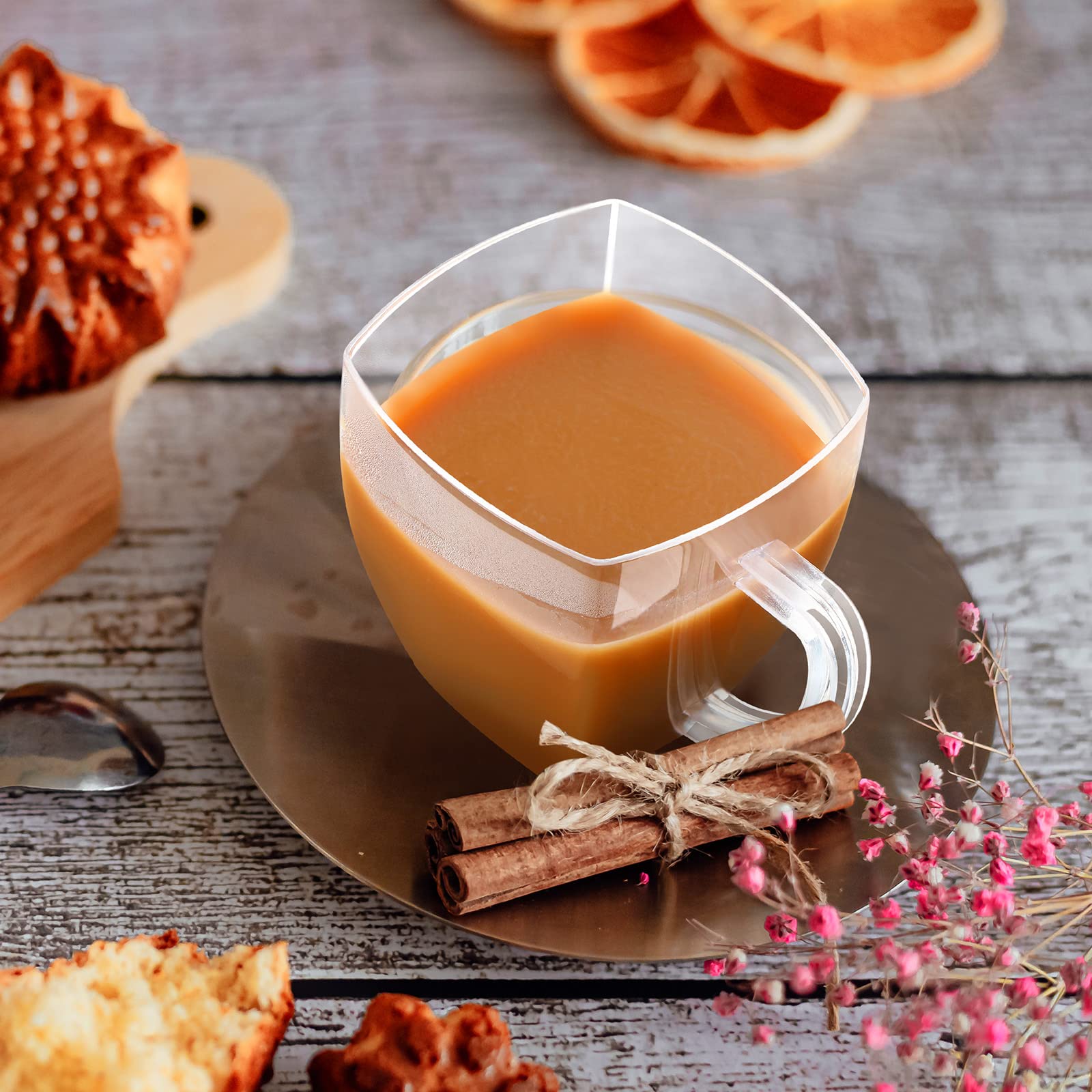 Amyhill 100 Pcs 2 Oz Disposable Tea Cups Mini Plastic Tea Cup Bulk With Handle Hard Plastic Coffee Mug Disposable Square Espress