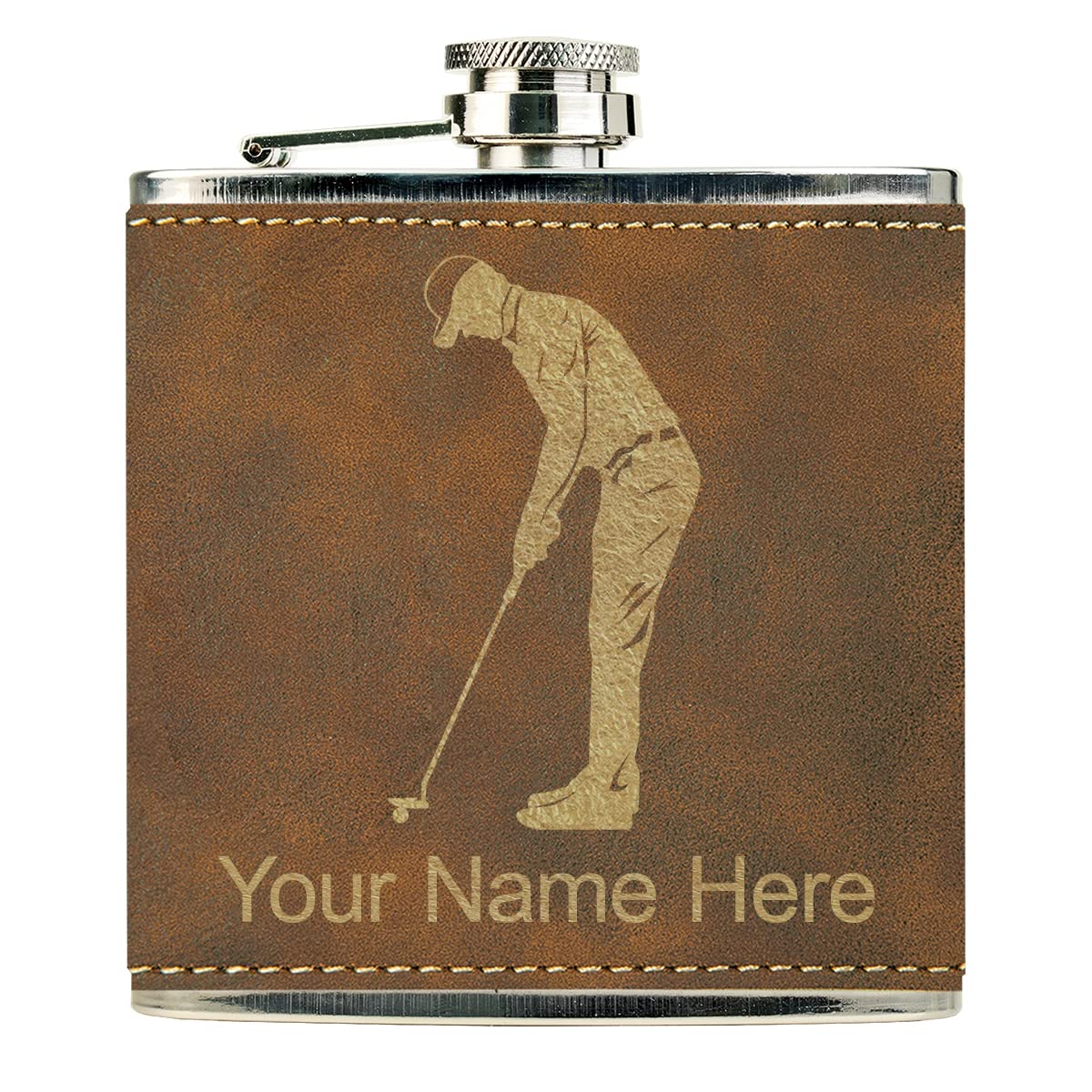 Faux Leather Flask, Golfer Putting, Personalized Engraving Included (Rustic)