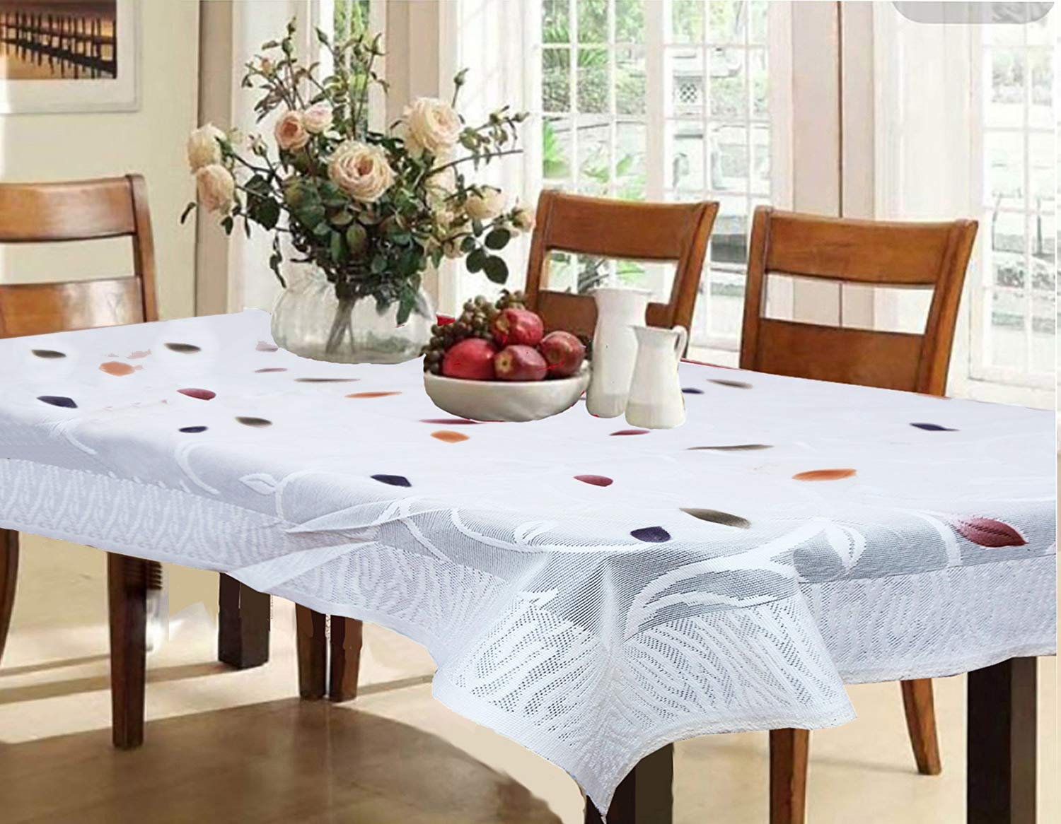 Kuber Industries Leaf Design Cotton 6 Seater Dining Table Cover - White - Ctktc022308