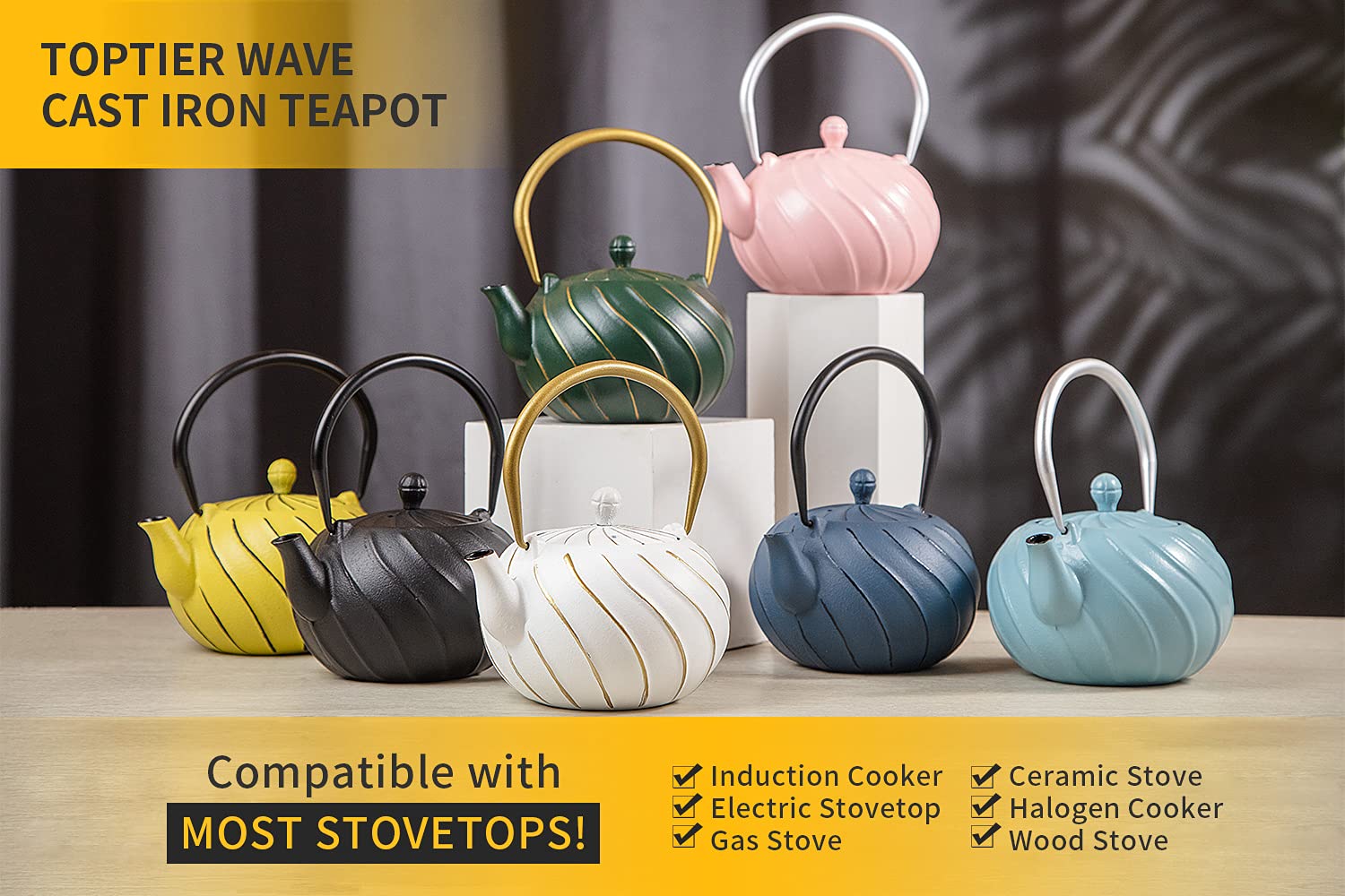 Tea Kettle, Toptier Japanese Cast Iron Teapot With Stainless Steel Infuser, Cast Iron Tea Kettle For Stove Top, Wave Design Teap