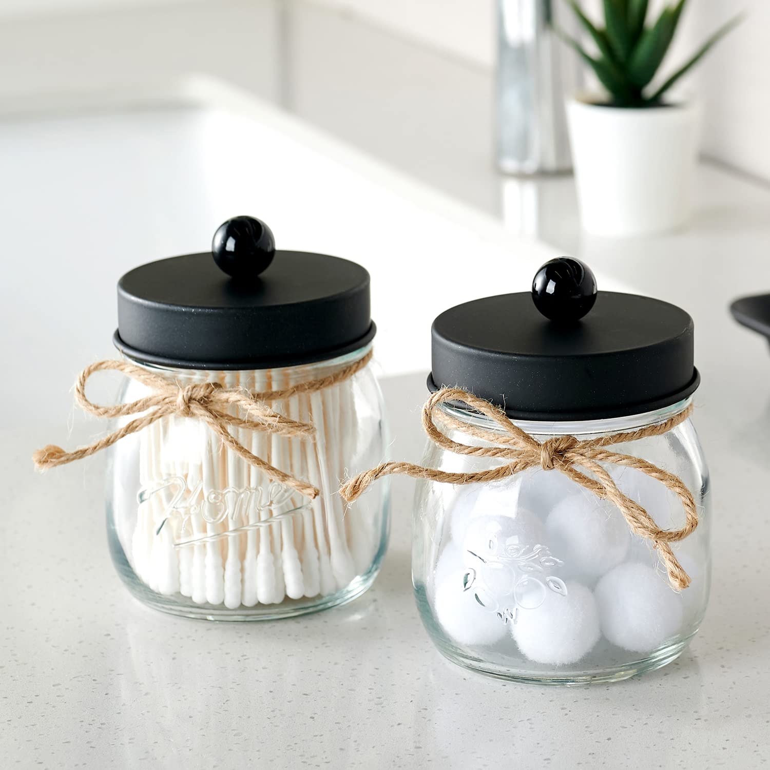SheeChung Apothecary Jars Set Mason Jar Decor Bathroom Vanity Storage Organizer Canister Premium Glass Qtip Holder Dispenser for Cotton Swabs Ball-Stainless Steel Lid (Black  2-Pack)