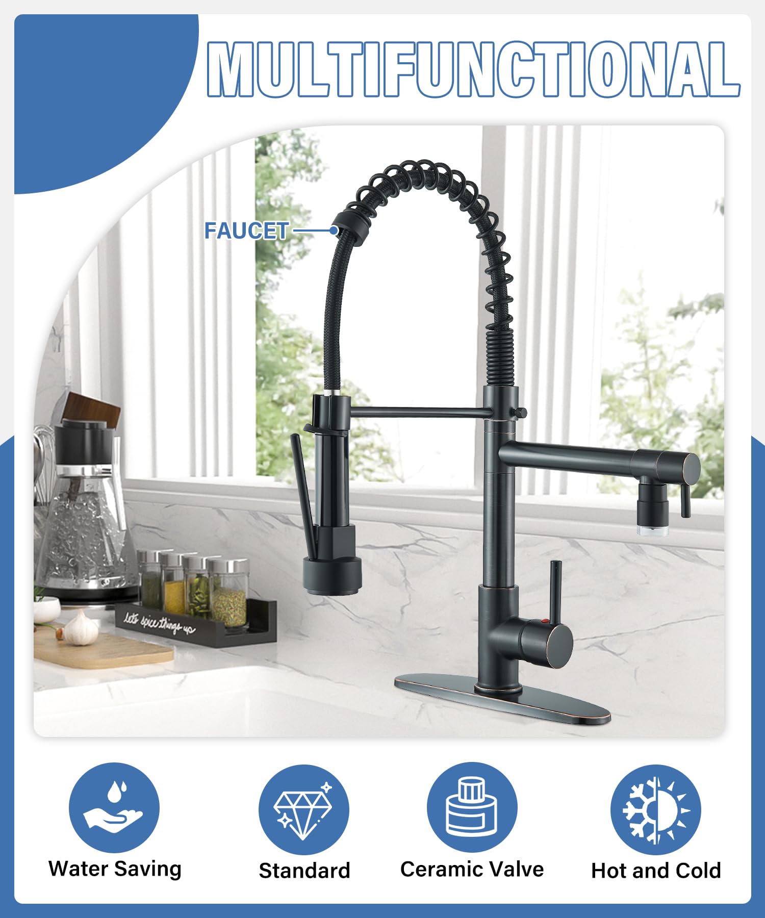 NeierThodore Commercial Pull Down Kitchen Faucet Sprayer with LED Single Handle Spring Kitchen Sink Faucet with Lock Sprayer High Arc Oil Rubbed Bronze Kitchen Faucets