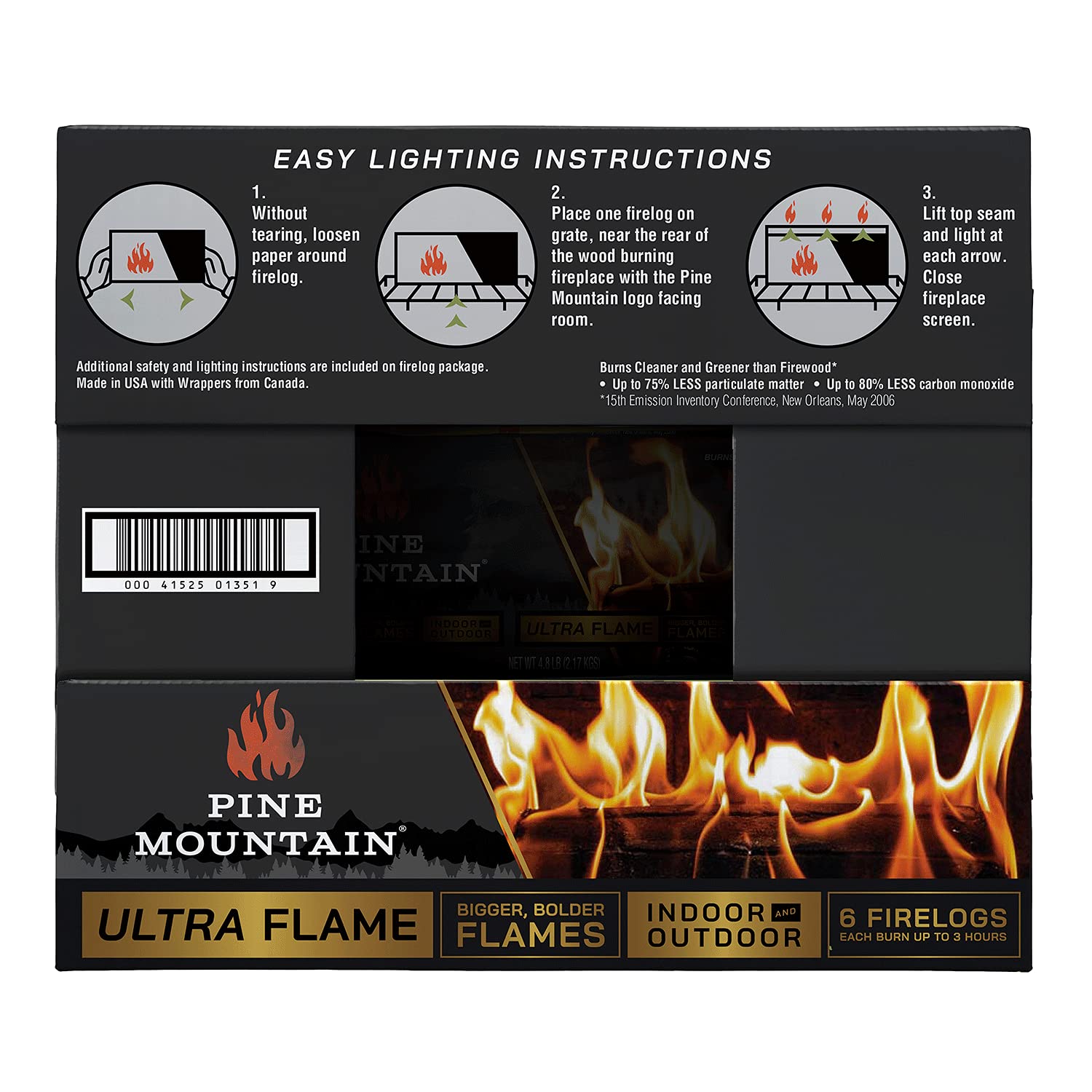 Pine Mountain Ultraflame 3-Hour Firelogs, Long Burning Firelog For Campfire, Fireplace, Fire Pit, Indoor&Outdoor Use, 6 Pack