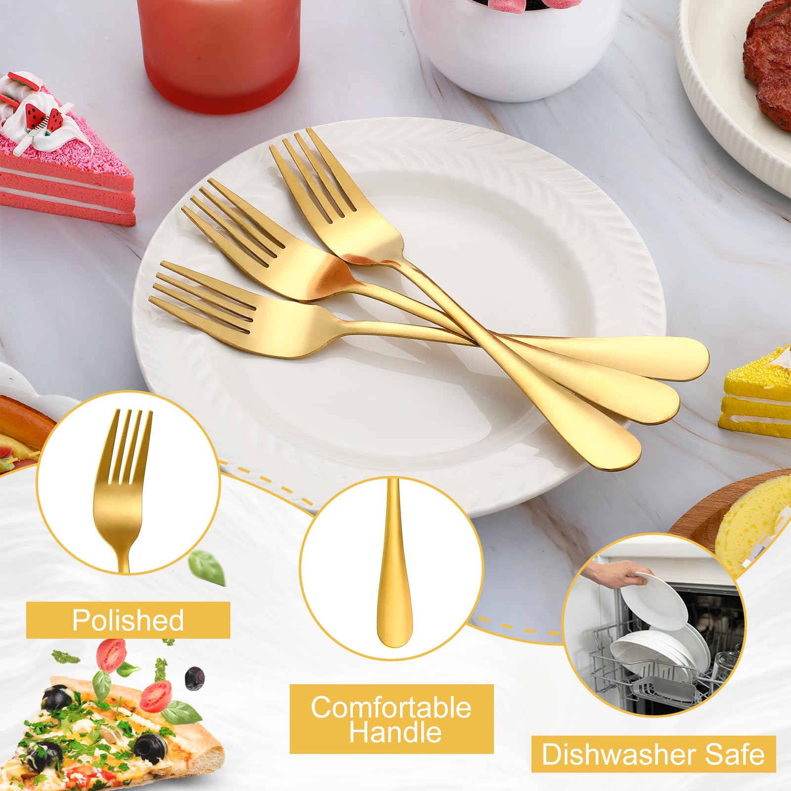 Leriton 50Pcs Gold Stainless Steel Dinner Forks 8 Inch, Cutlery Forks, Metal Forks For Home, Restaurant, Kitchen, Dishwasher Saf