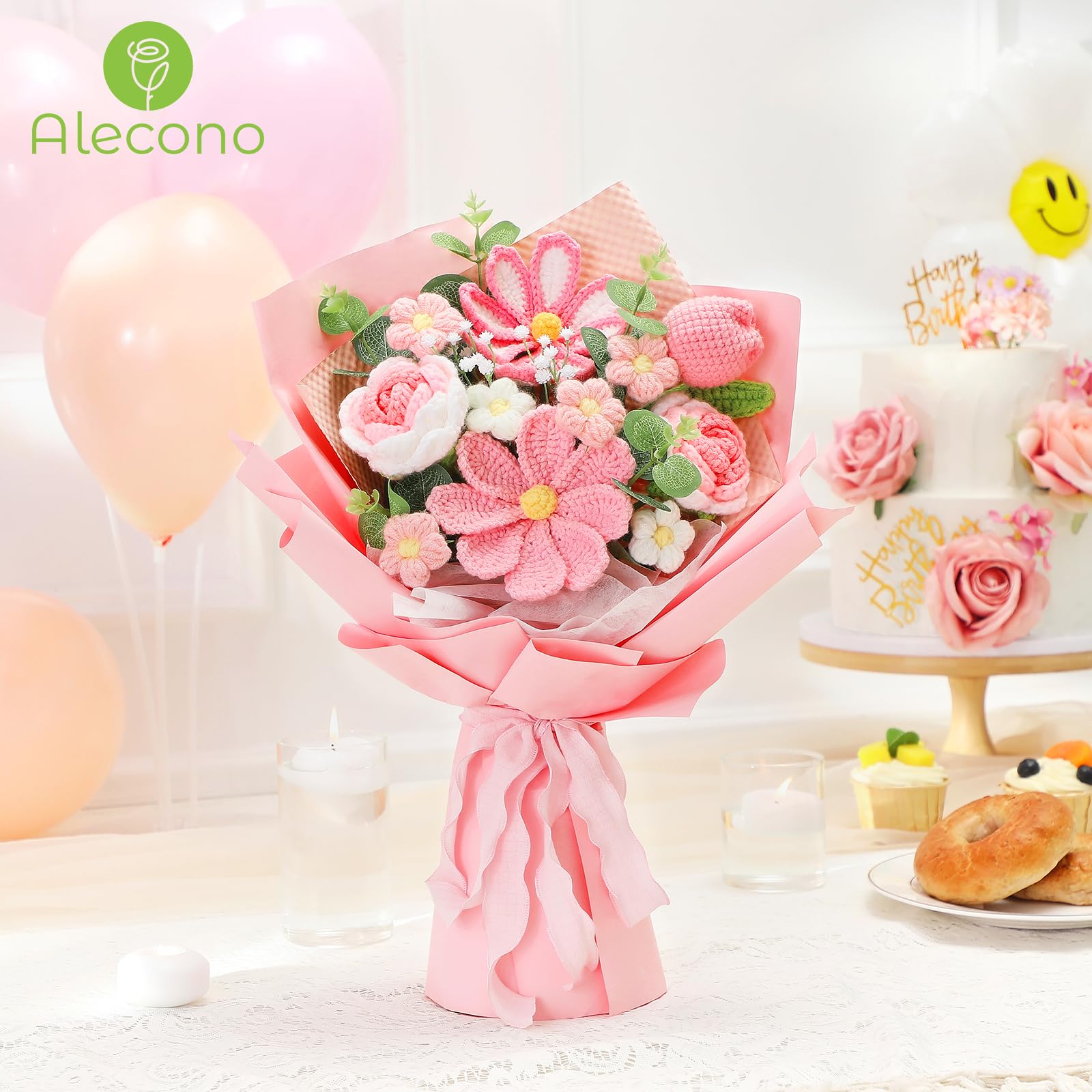 Alecono Crochet Flower Bouquet, Pink Knitted Flowers, Crochet Tulip Galsang Flower for Lover Anniversary Birthday Party Mother s