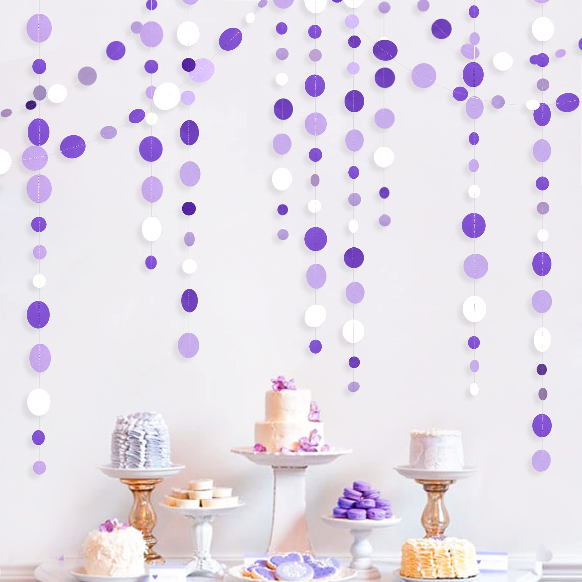 46 Ft Purple And White Circle Dots Garland Lavender Hanging Paper Polka Dot Streamer For Birthday Anniversary Engagement Wedding