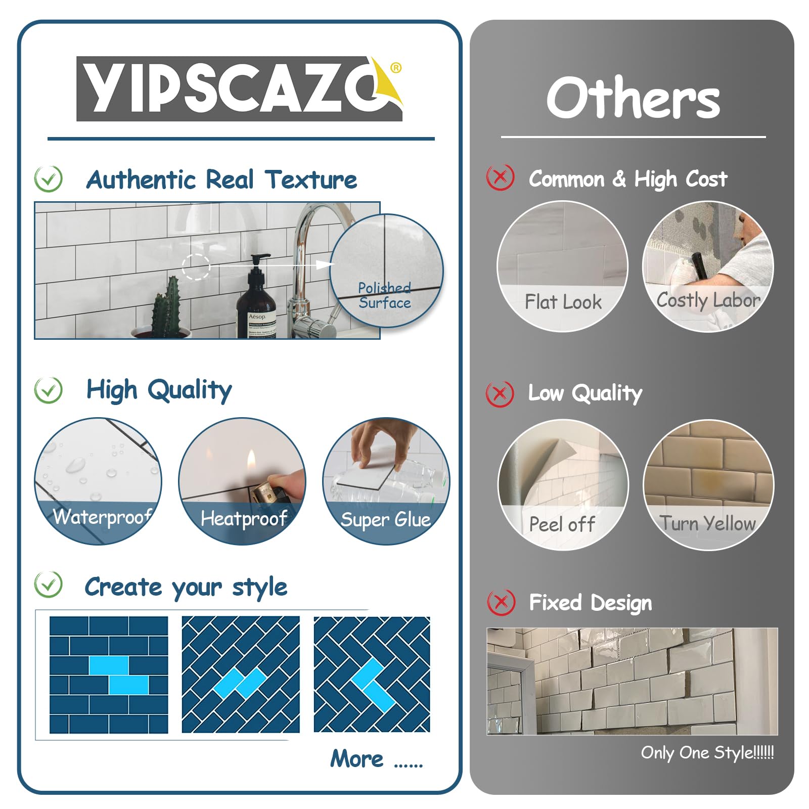 Yipscazo 2025 New Upgrade 100 Pieces Peel and Stick backsplash 3 x 6 Inches 3D PVC Composite Wall Tile Stick on Backsplash Tile