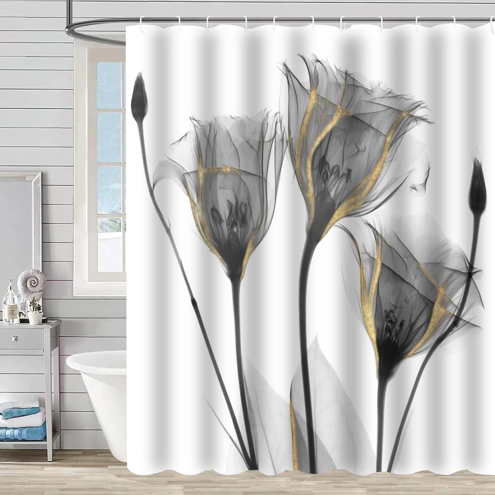 Zchomi Grey Floral Shower Curtain Watercolor Tulip Flower Shower Curtain For Bathroom Waterproof Polyester Fabric Bathroom Curta