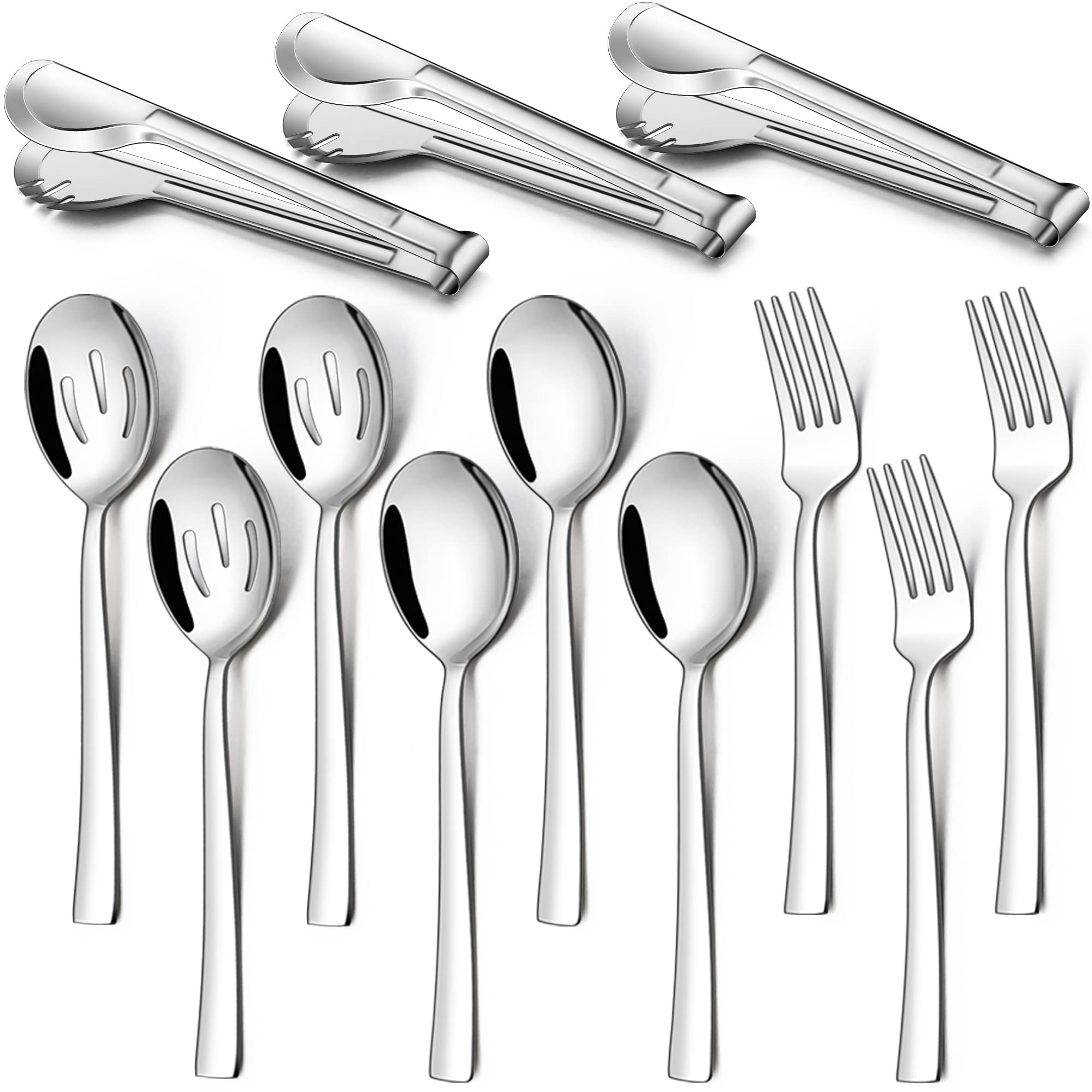 Lianyu 12 Piece Serving Utensils, Stainless Steel Serving Spoons Set, Include 3 Serving Spoons, 3 Slotted Spoons, 3 Serving Fork