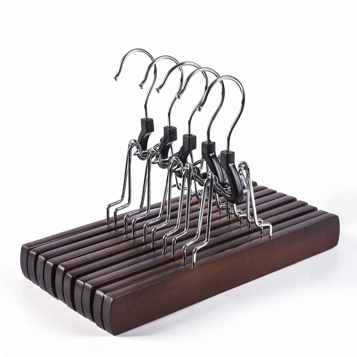 Amber Home 10 Pack Walnut Wooden Pants Hangers, Wood Clamp Hangers With Non Slip Padded Velvet, Jeans/Slacks Hangers Hair Extens