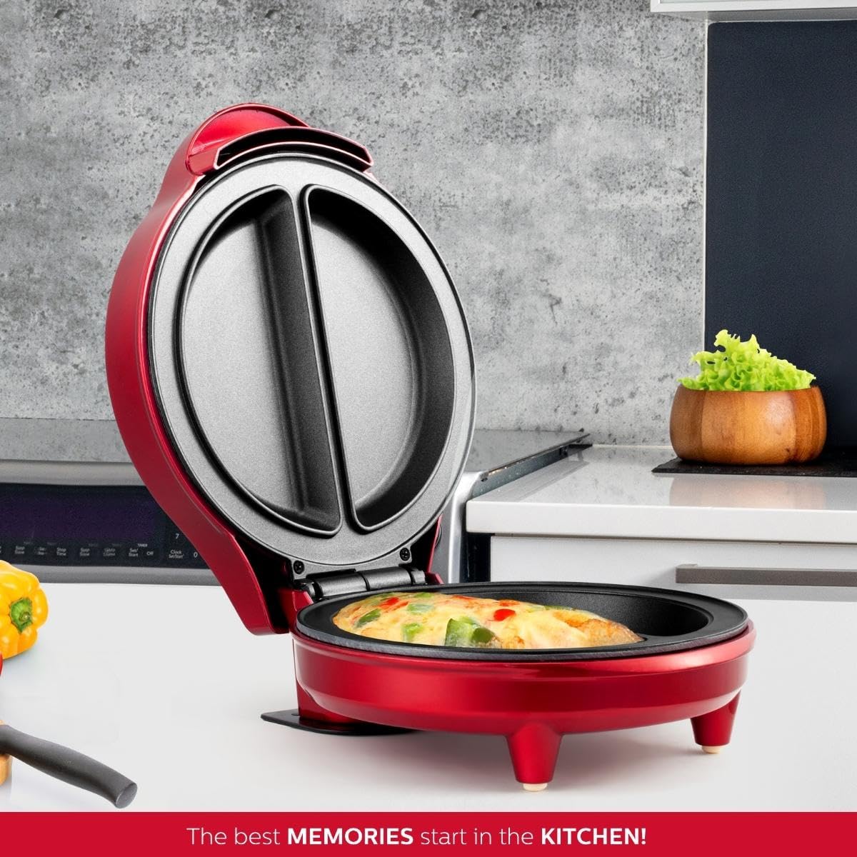 Holstein Housewares - Non-Stick Omelet & Frittata Maker, Metallic Red/Stainless Steel - Makes 2 Individual Portions Quick & Easy