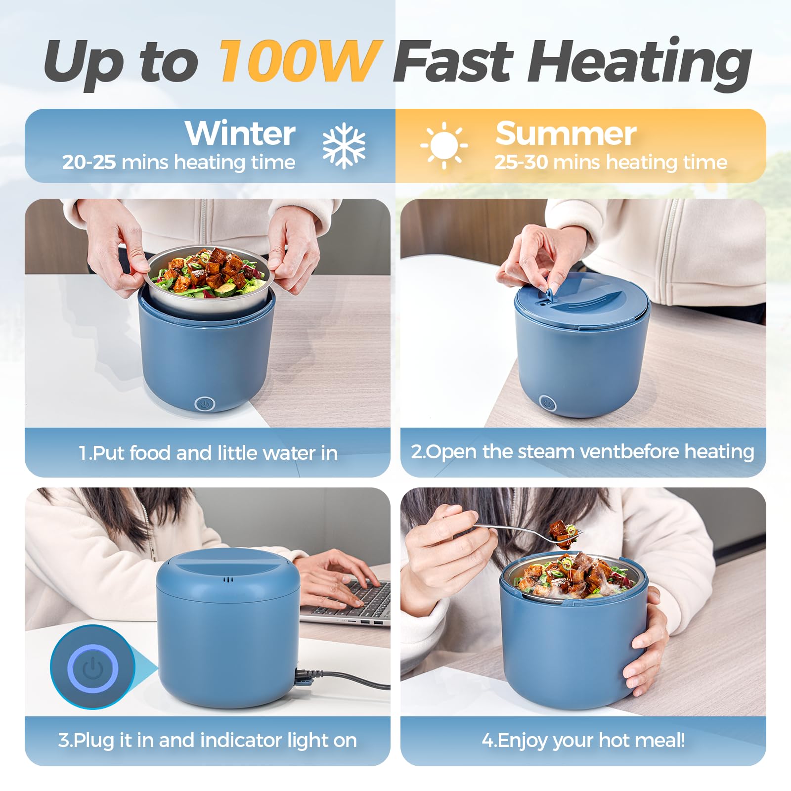 Monteka 41-oz Portable Electric Heated Lunch Box for Adults, 100W Spill-Proof & Dishwasher-Safe Food Warmer for Office/Car/Trave