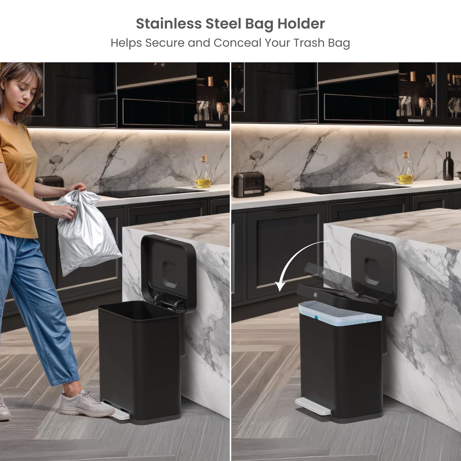 Home Zone Living 13 Gallon Stainless Steel Kitchen Trash Can With Slow Closing Lid And Wide Opening, Virtuoso Collection, Black