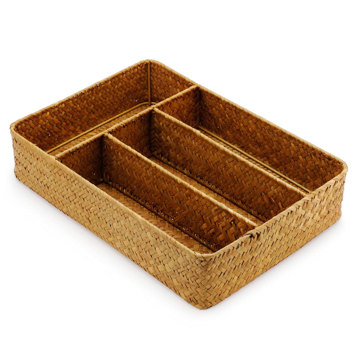 Decrafts Seagrass Storage Basket With Compartments Utensil Tray For Organization Silverware Flatware Rectangular Shelf Baskets W