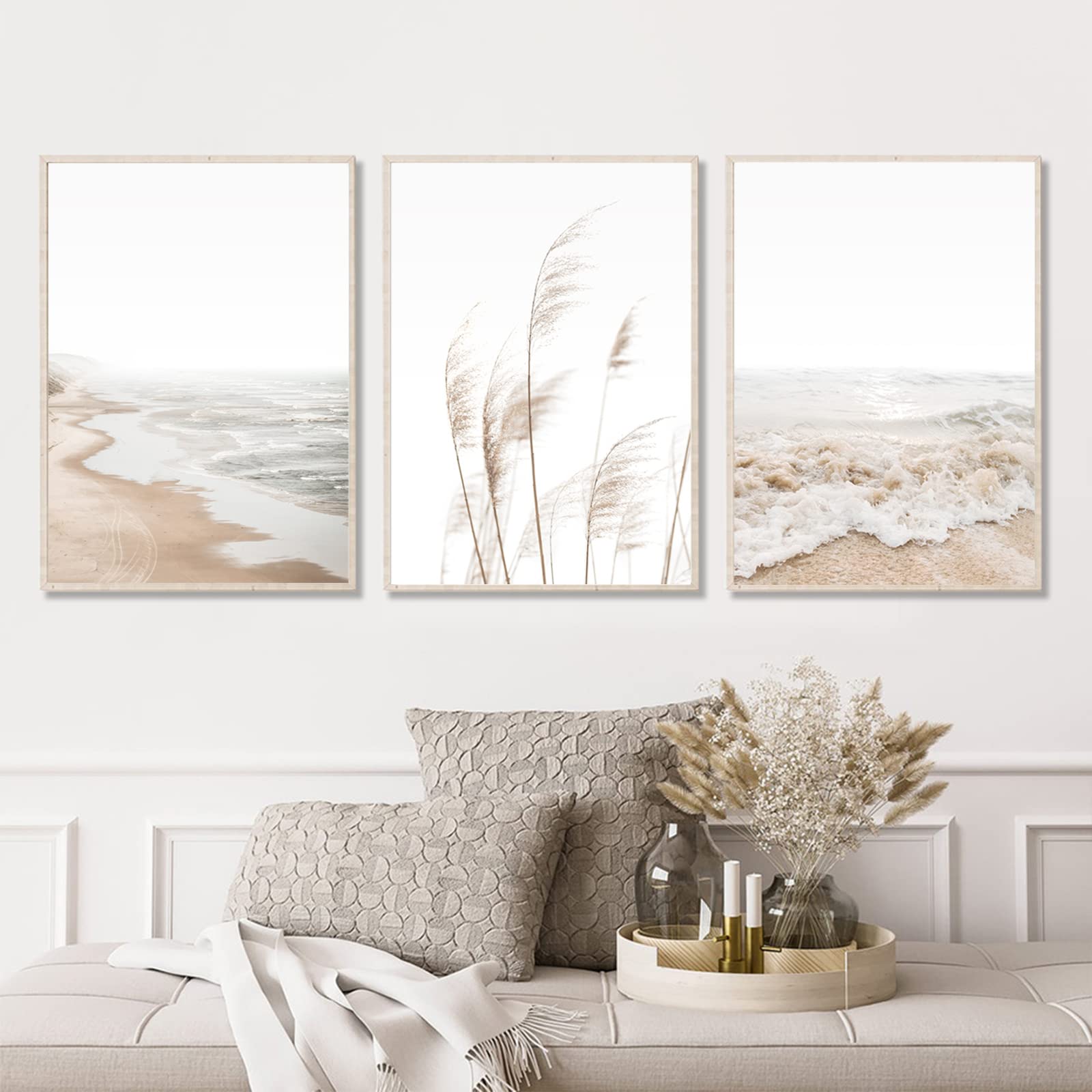Beach Boho Prints Coastal Canvas Unframed, Beach Pictures Wall Art Pampas Grass Ocean Poster Plant Landscape Beach Scene Artwork