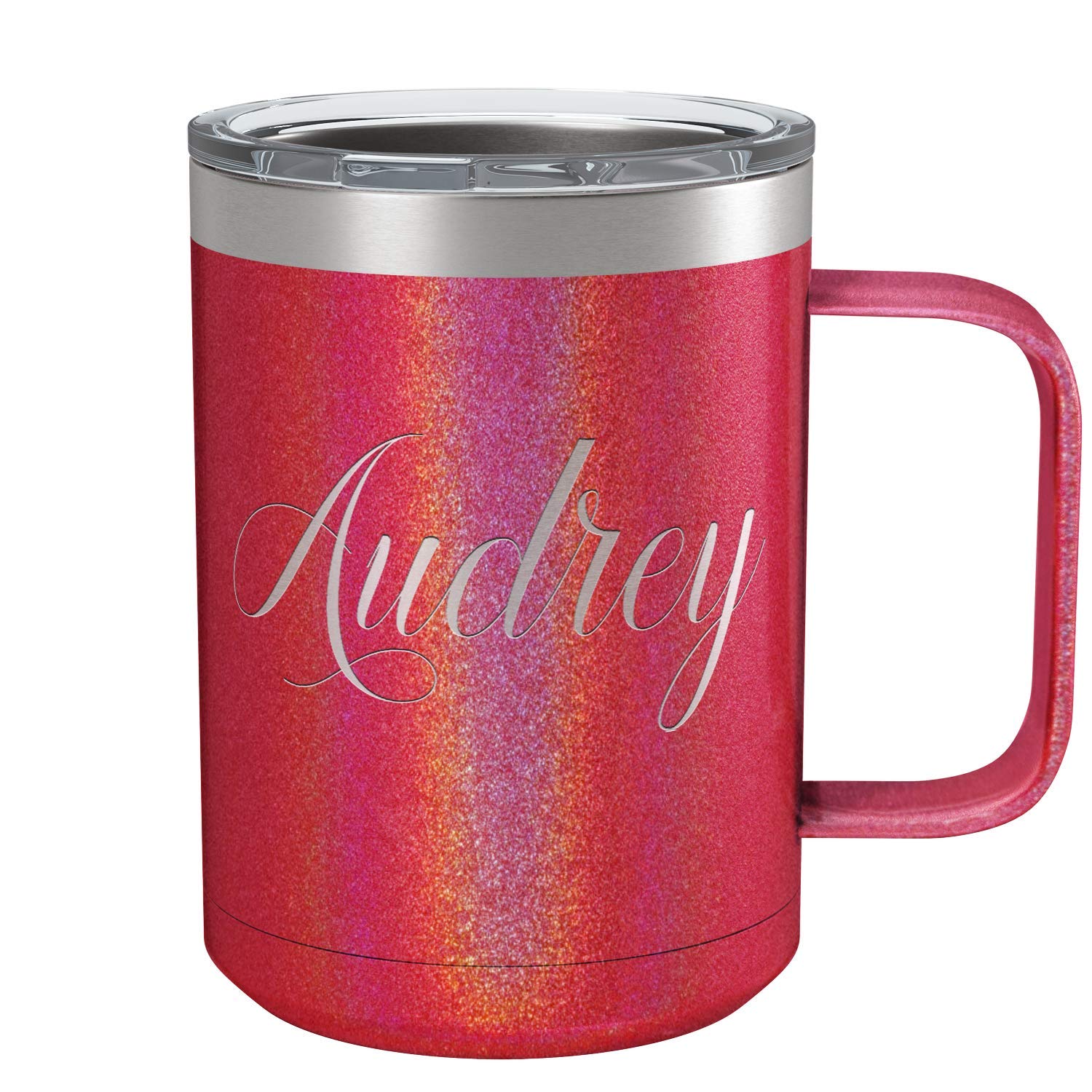 Personalized Coffee Mug Cherry Red Glitter 15 Oz With Lid And Handle Custom Engraved Gift Stainless Steel Vacuum Insulated Cup