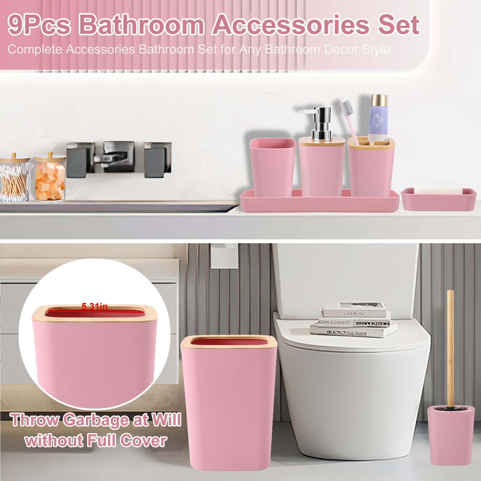 Bathroom Accessories Set, 9 Piece Pink Bathroom Decor Sets With Trash Can,Toothbrush Holder,Toothbrush Cup,Lotion Soap Dispenser