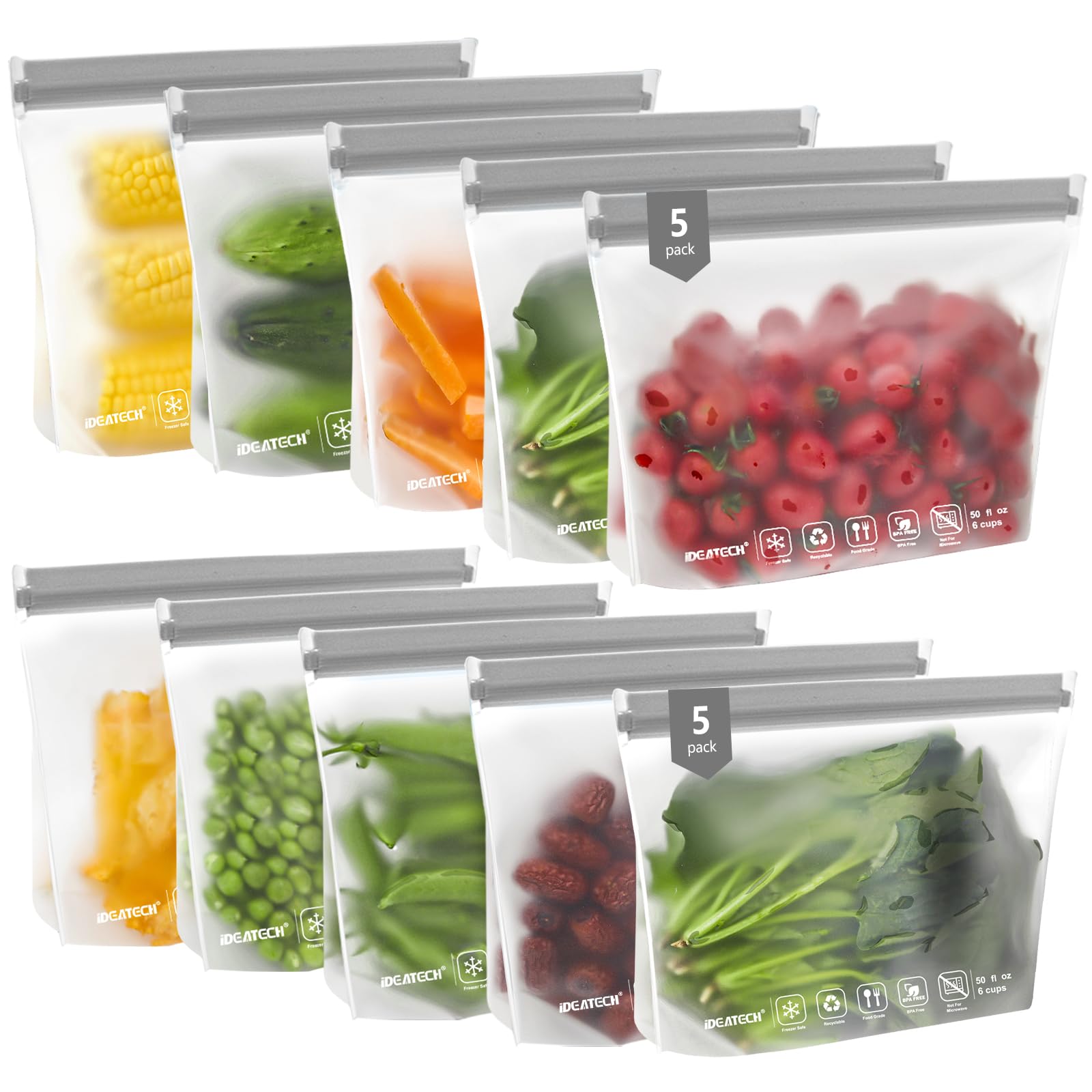IDEATECH Quart Freezer Bags, BPA Free PEVA Reusable Sandwich Snack Bags, Quart Size Food Baggies Containers for Travel, Lunch, H