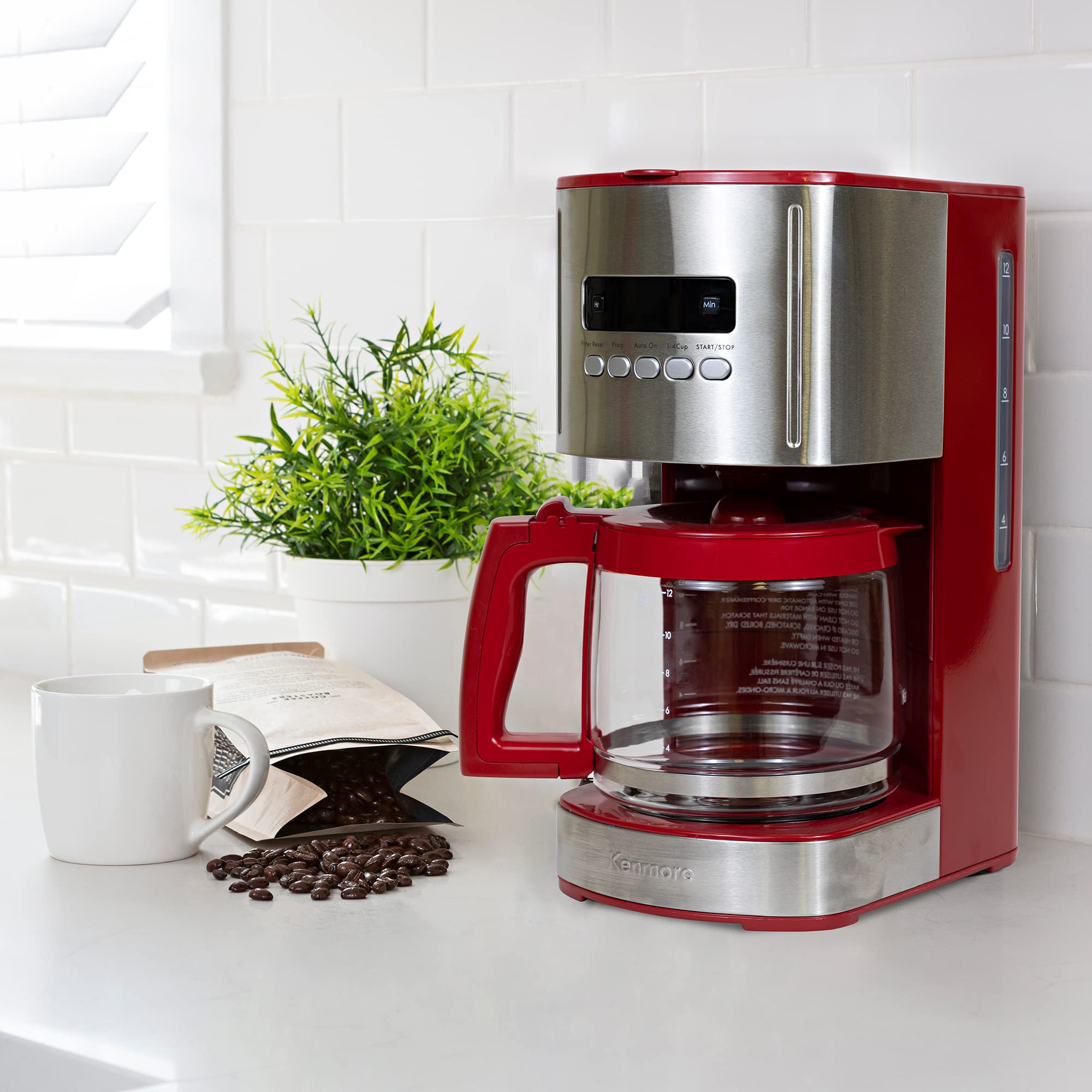 Kenmore Aroma Control 12-Cup Programmable Coffee Maker, Red And Stainless Steel Drip Coffee Machine, Glass Carafe, Reusable Filt
