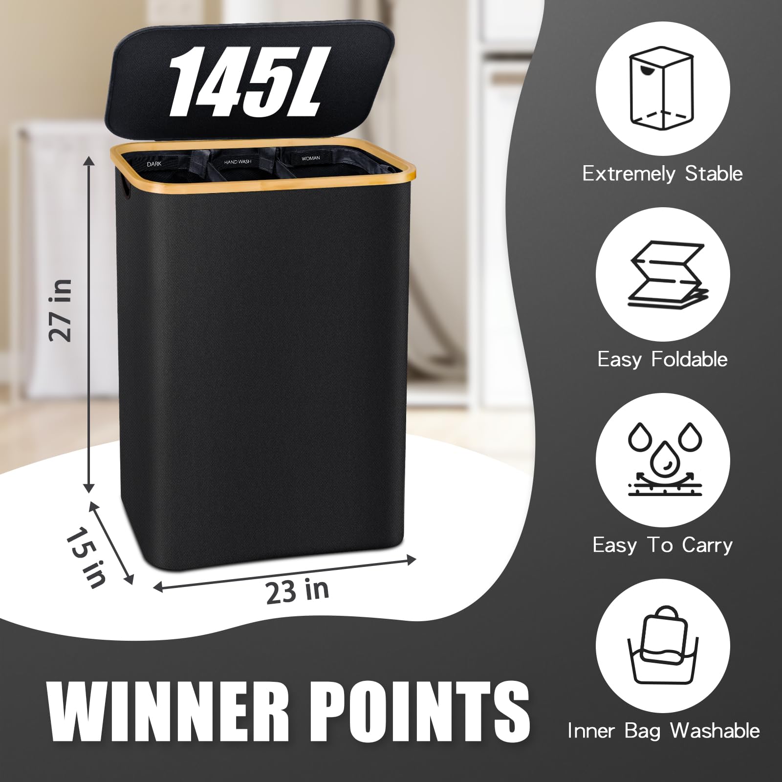 Hampers for Laundry Basket with Lid  160L Extra Large 3 Section Clothes Divided Organizer for Bedroom Laundry Room Dirty Clothing Hamper Black