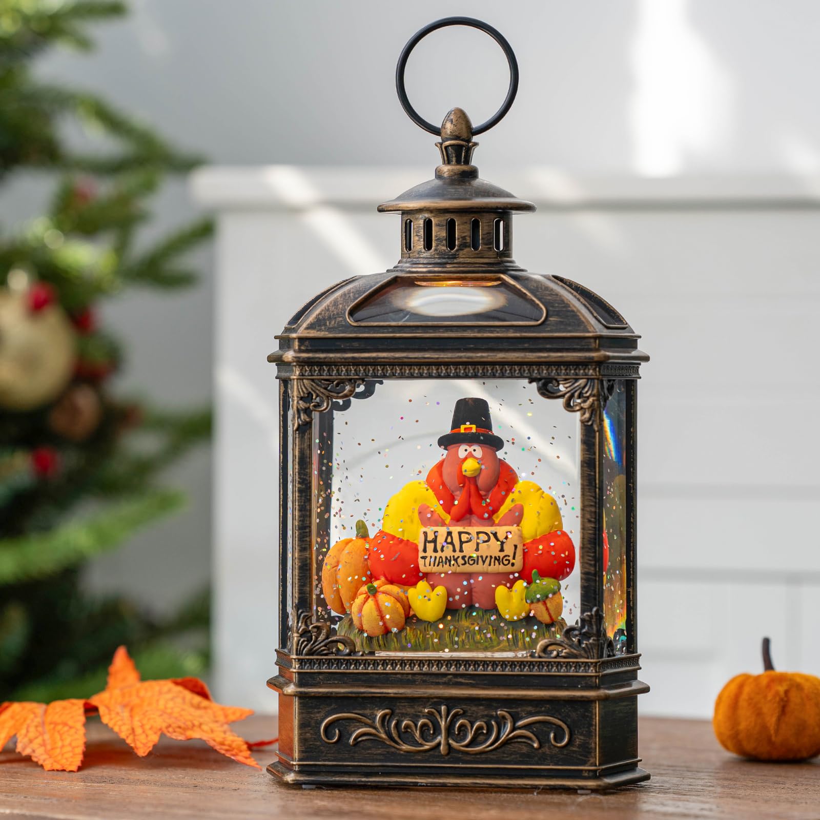 Fall Snow Globe Lantern - Thanksgiving Glittering Lighted Water Lantern, Fall Decorations Autumn Harvest Day Gifts, Table Home F