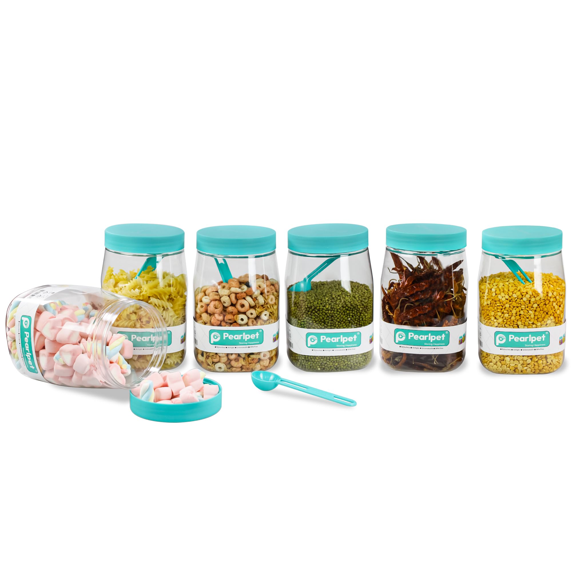 Pearlpet Space Saver Container Set For Kitchen Storage With Plastic Lid And Spoons, Set Of 6 Pieces With 6 Spoons (1500 Ml Green