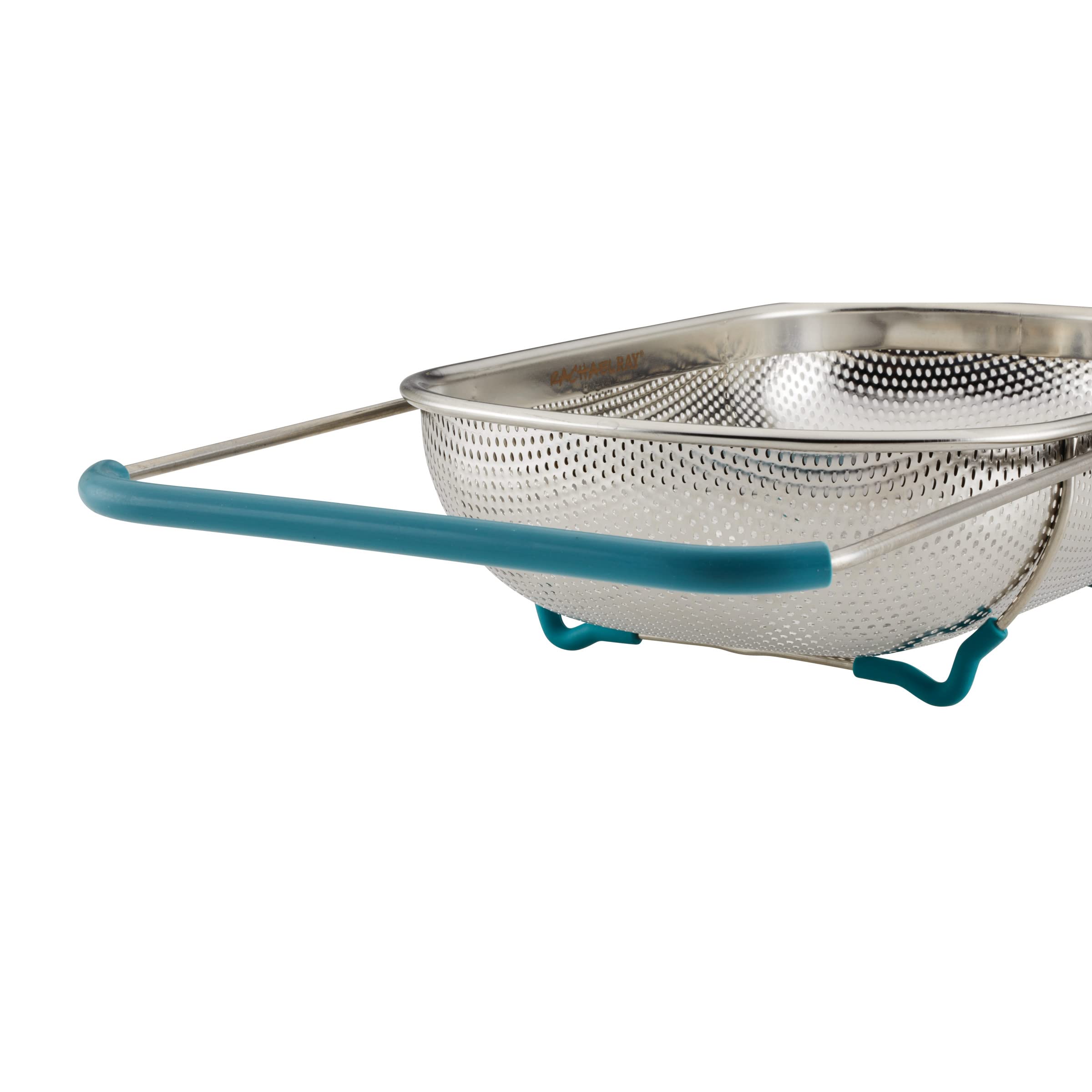 Rachael Ray Tools And Gadgets Over-The-Sink Colander/Strainer, 4.5 Quart, Stainless Steel With Agave Blue Handles