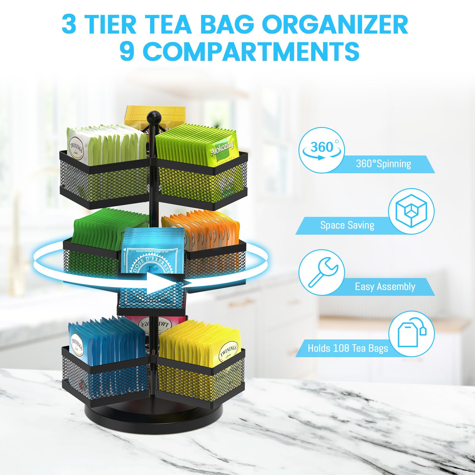 Idavosic.Ly 3 Tier Tea Bag Organizer, Tea Packet Storage Holder Spinning Carousel With 9 Compartments, Rotating Metal Tea Bag Ca