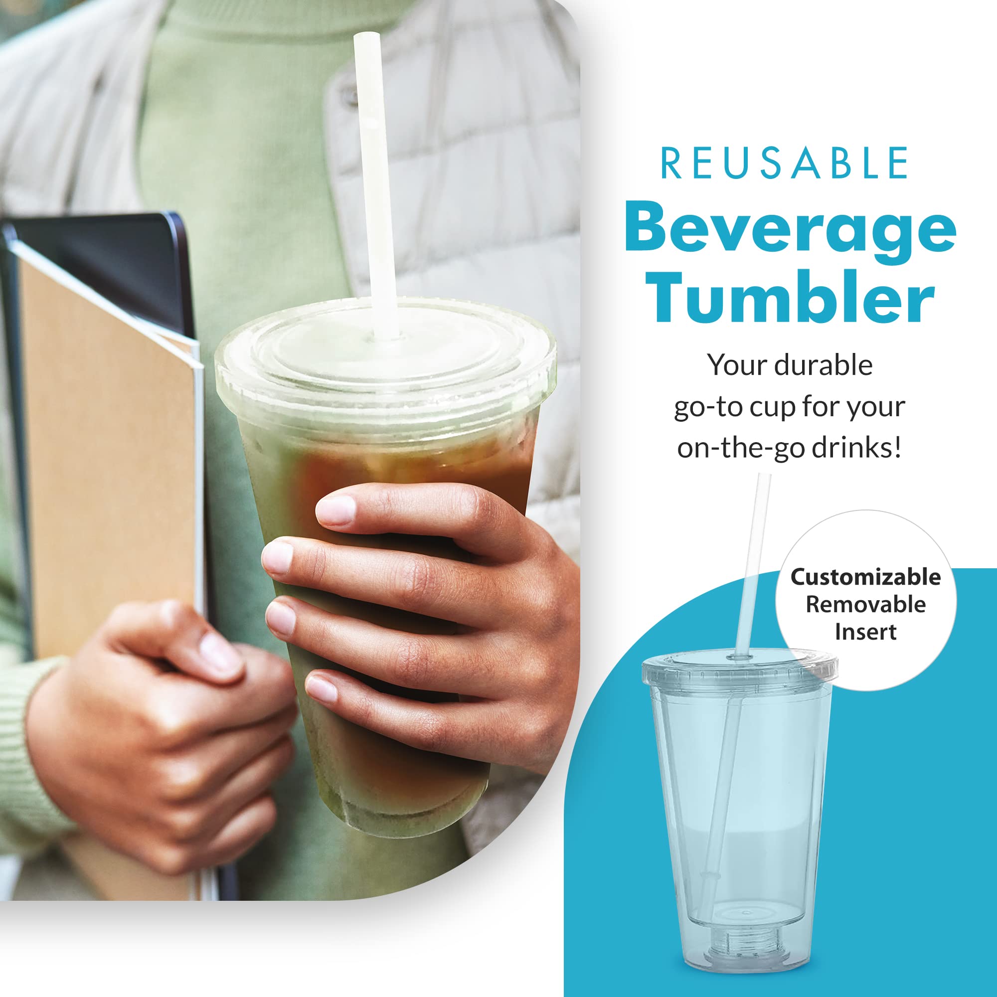 Simple Green Solutions - Customizable Paper Insert Acrylic Double Wall Cup For Cold Drinks, Clear Reusable Cups With Lids & Stra