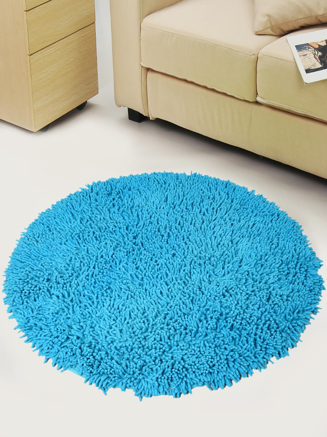 Saral Home Easy Living Home Cotton Shaggy Anti-Skid Round Bath Mat(Turquoise,90X90 Cm)