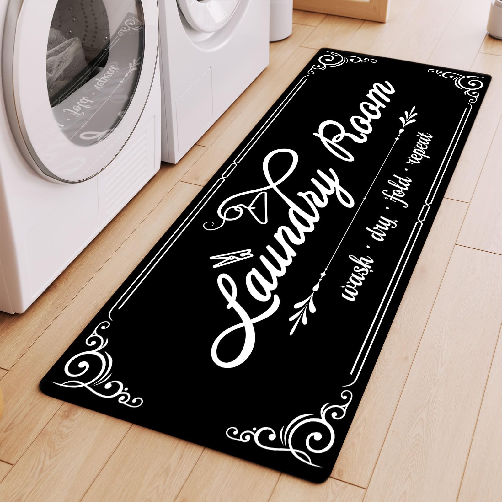 Laundry Room Rug Runner, 17.7x45 Non Slip Black Laundry Rugs, Farmhouse Washable Floor Laundry Mats for Laundry Room, Mudroom, K