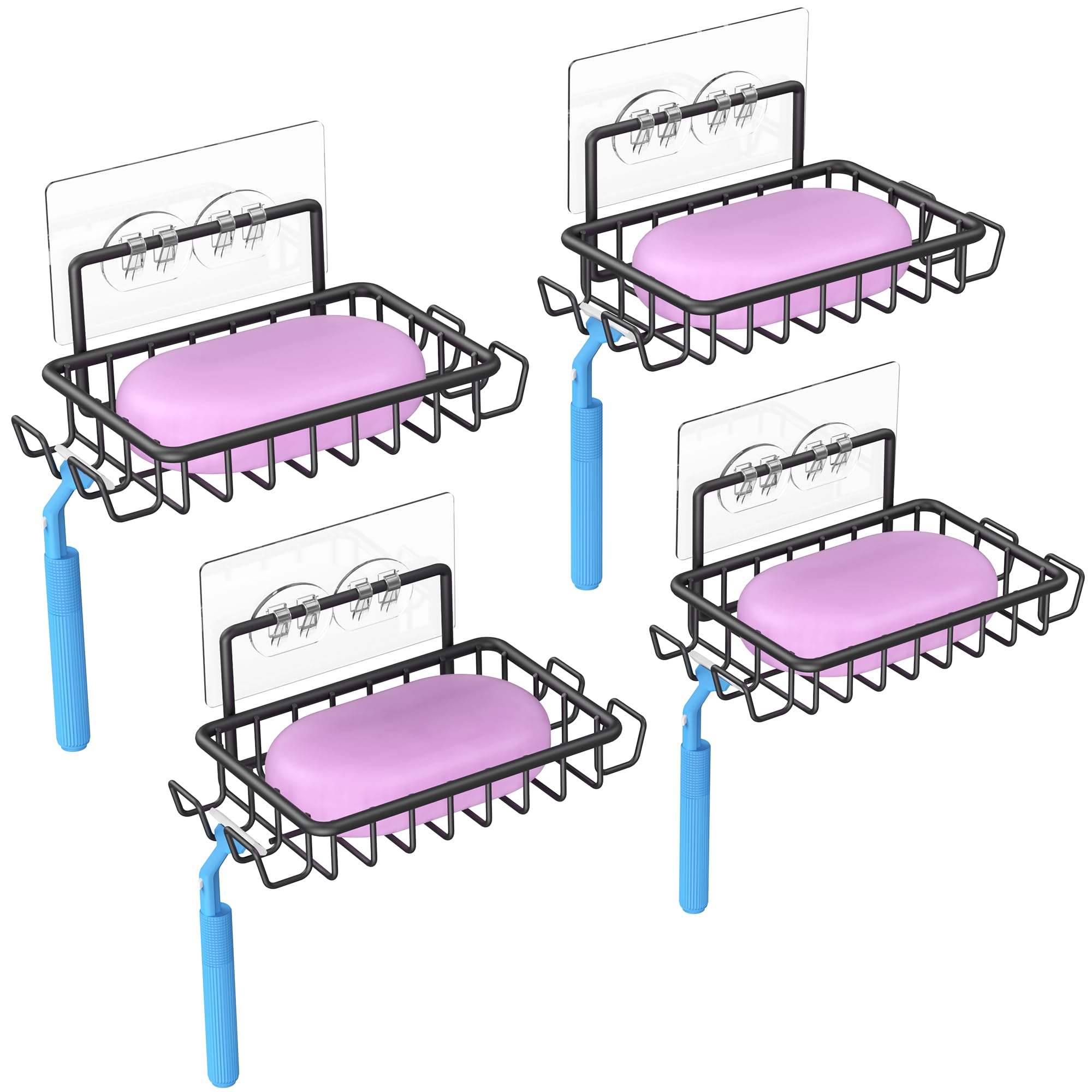 Ailibuligo Adhesive Soap Bar Holder Dish For Shower Wall With Hooks, Black, 4 Pack