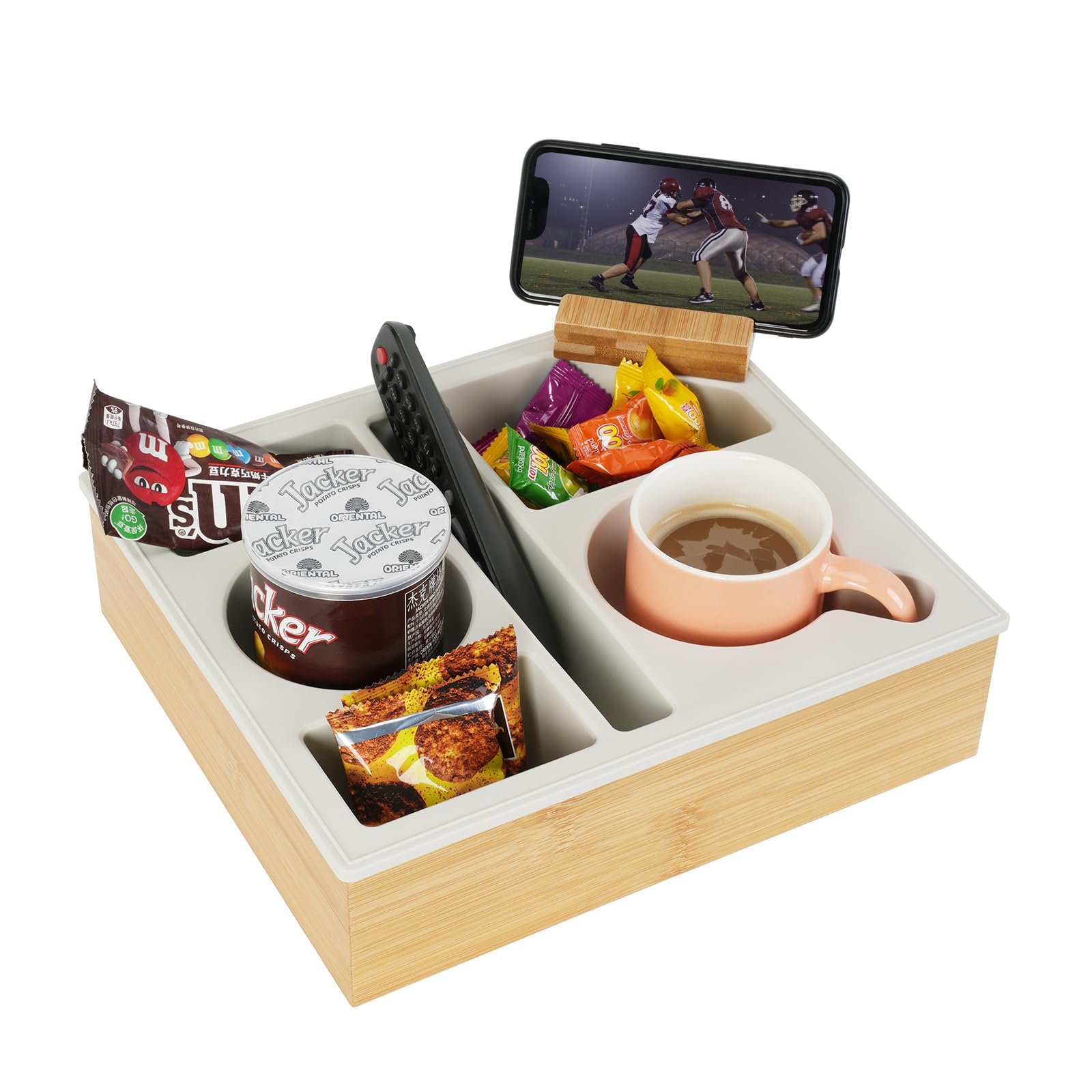 Couch Cup Holder Tray, Hitseon Handy Silicone Bamboo Couch Caddy With Rotatable Phone Holder For Bed Car Seat Organizer, Waterpr