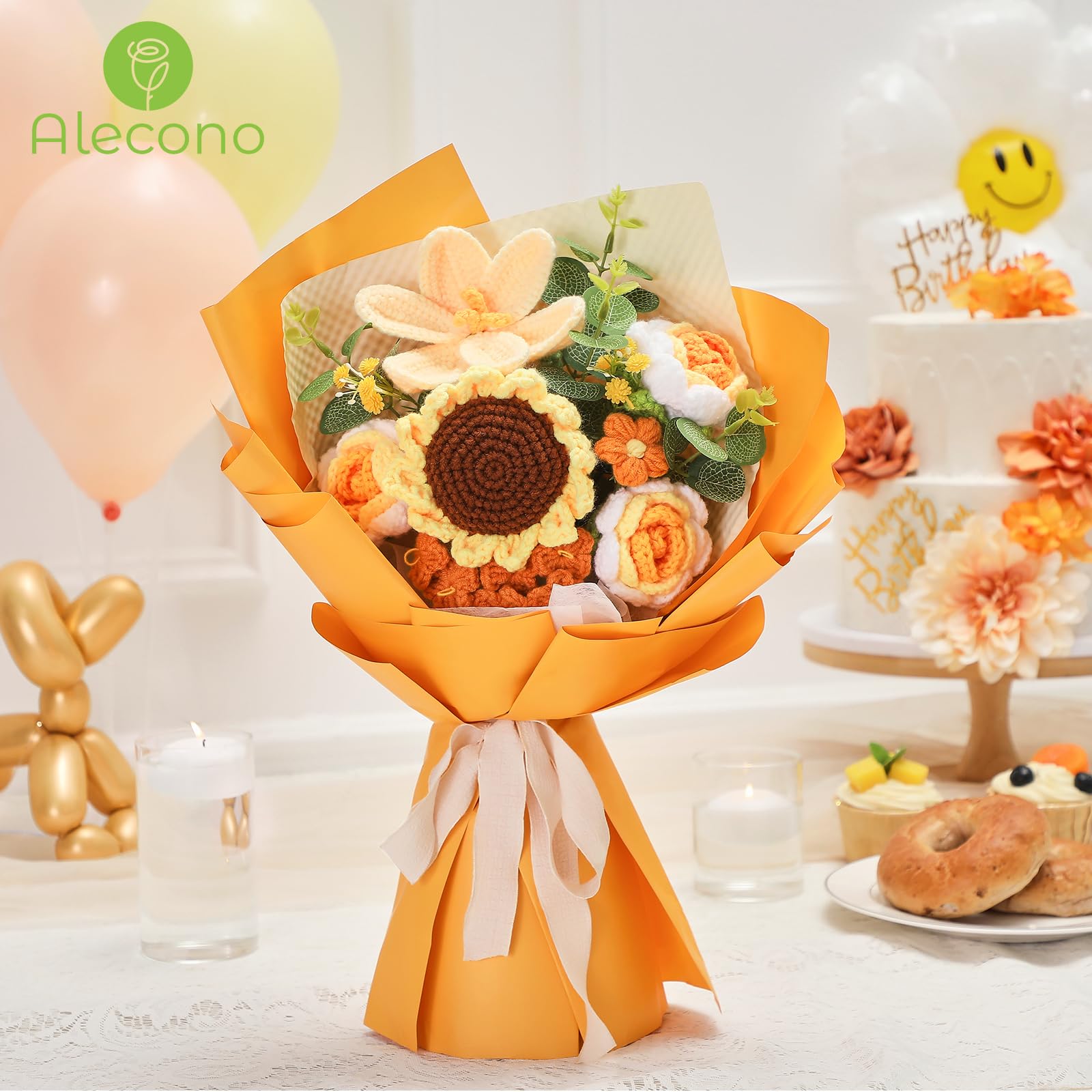 Alecono Crochet Flower Bouquet, Orange Knitted Flowers, Crochet Sunflower Flower for Lover Anniversary Birthday Party Mother s D