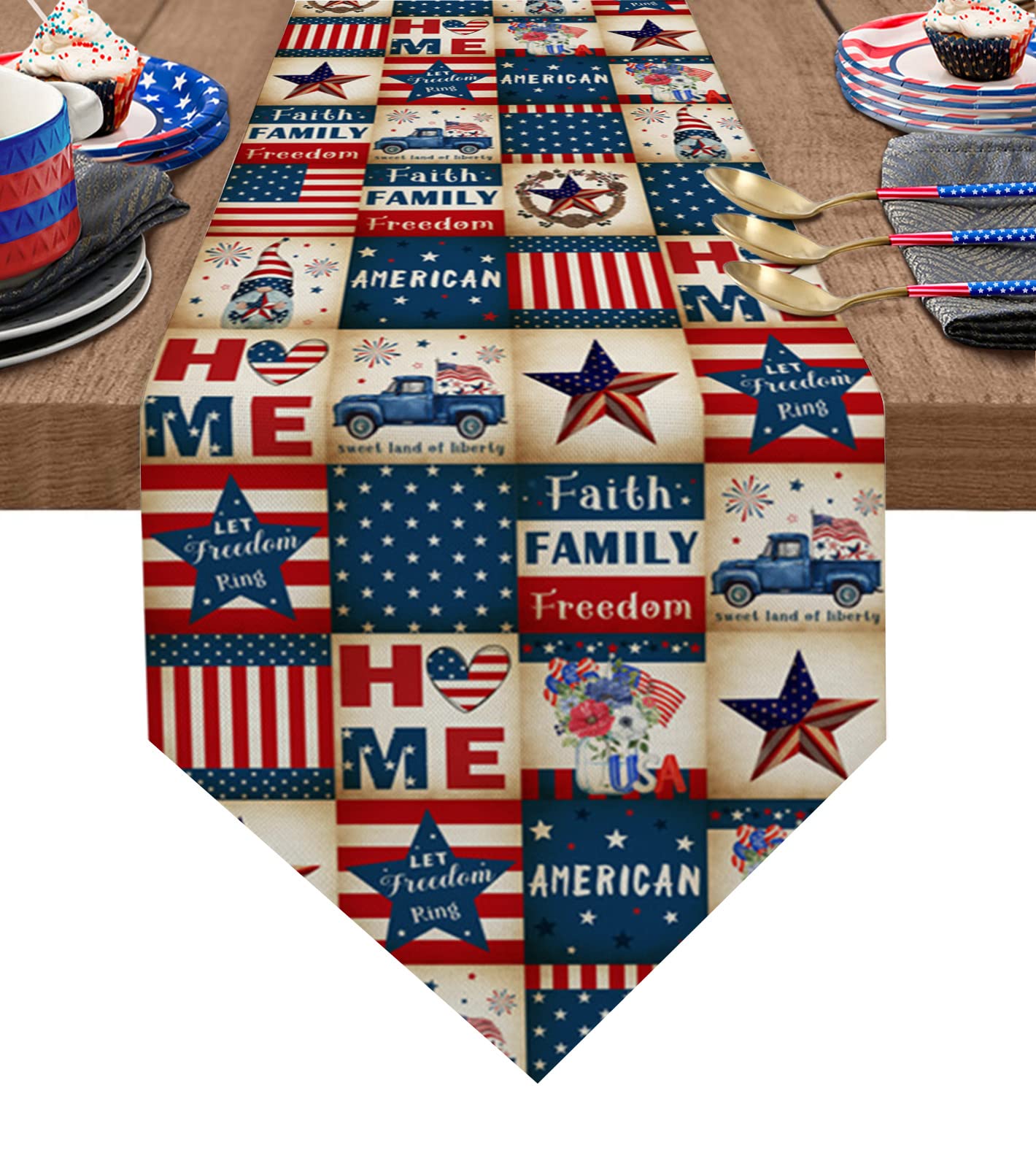 Independence Day Lattice Table Runner Linen Burlap Dresser Scarves, Retro 4Th Of July Table Runners For Holiday Party, Kitchen D