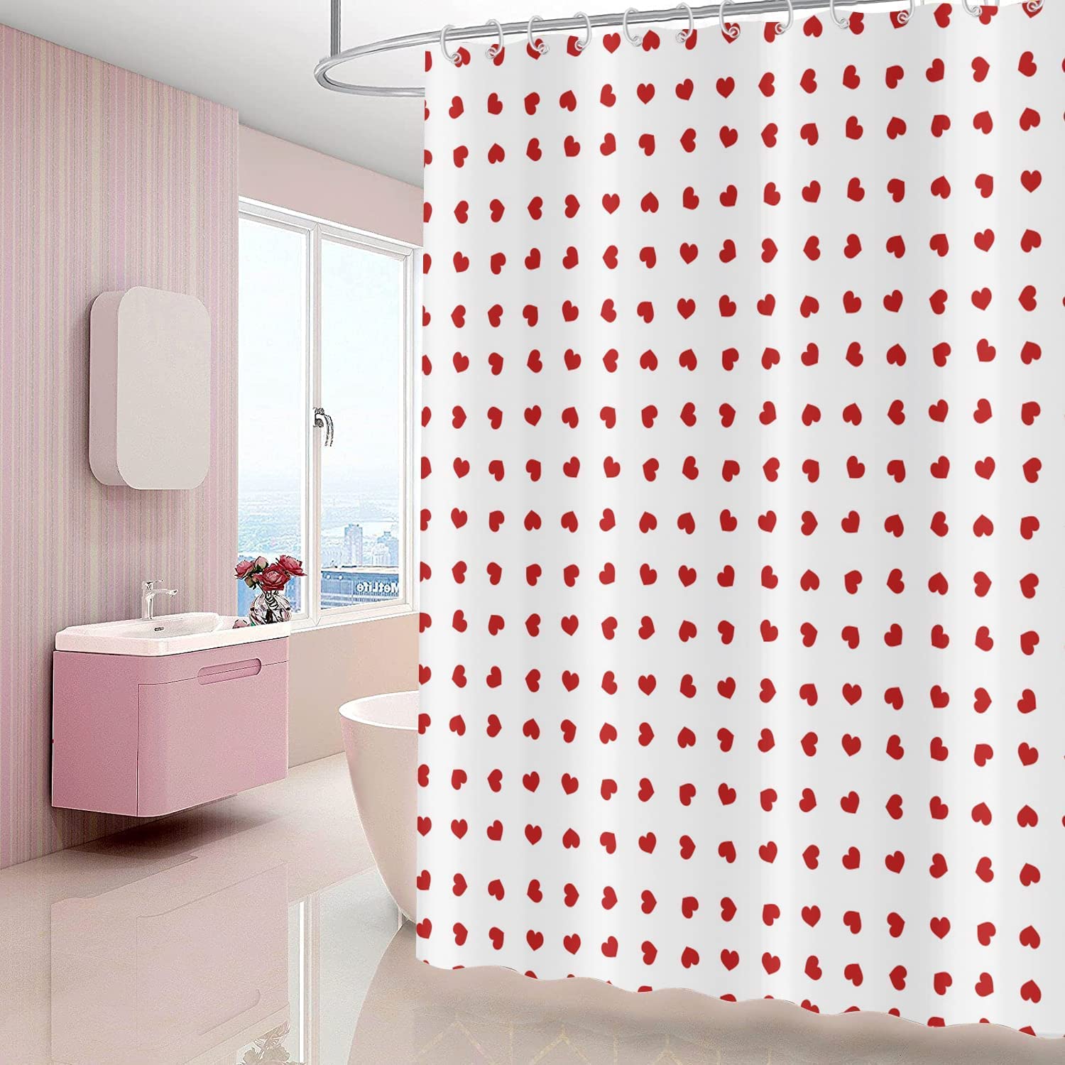 Gcirec Valentine'S Day Shower Curtain, Weighted Bottom Romantic Love Theme Red Little Heart Farmhouse Girly Girly Fabric Bathroo