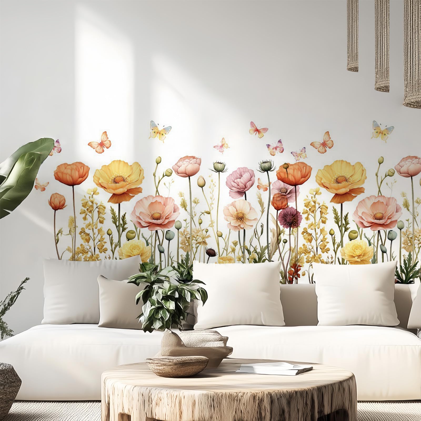 Boho Wildflower Wall Decals Peel and Stick Floral Wall Stickers Butterfly Boho Wall Art for Bedroom Living Room Nursery Decor