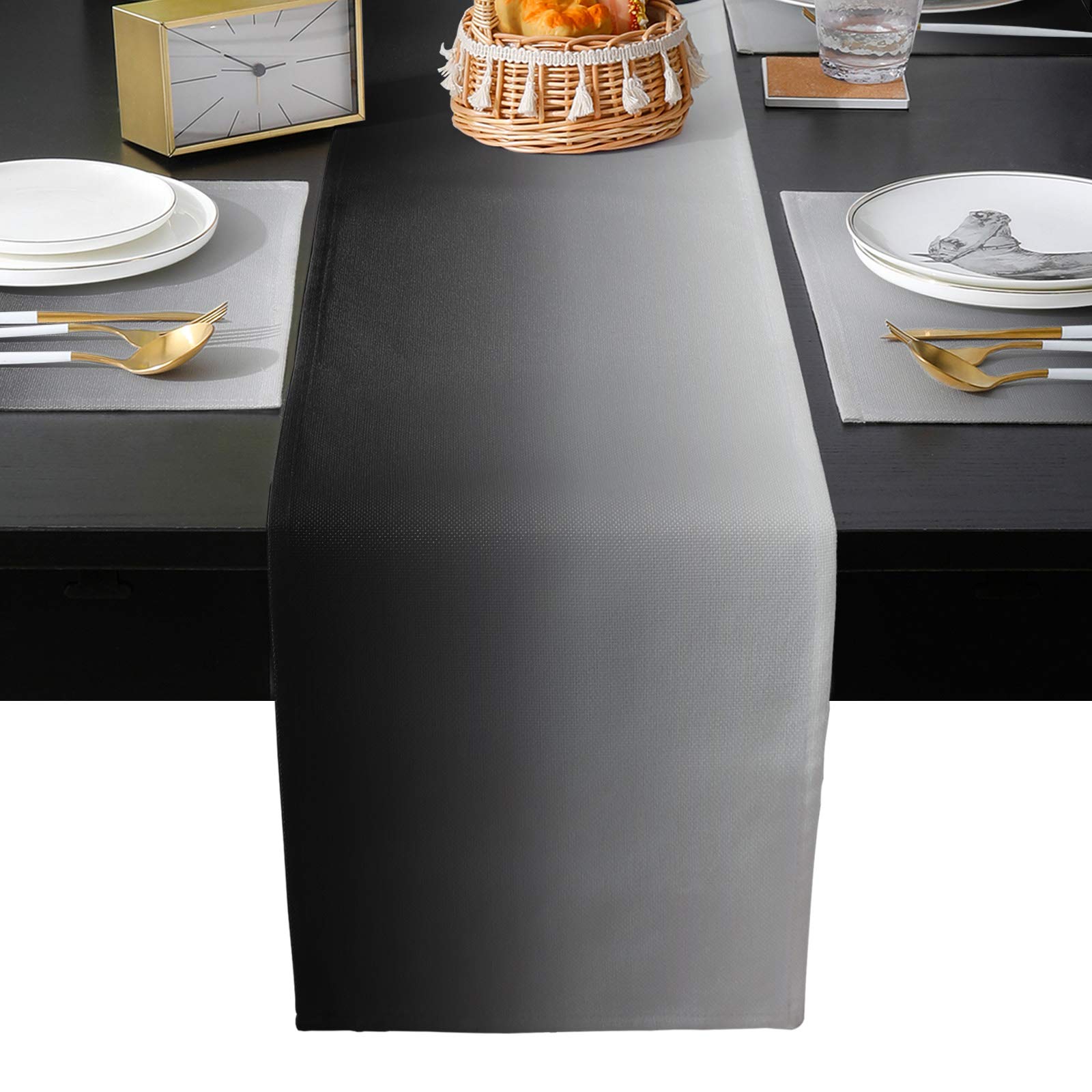 Artwork Store 70 Inch Table Runner And Placemats Set Of 6 Kits For Dinner Table, Ombre Black Grey Heat Resistant Cotton Linen Ta