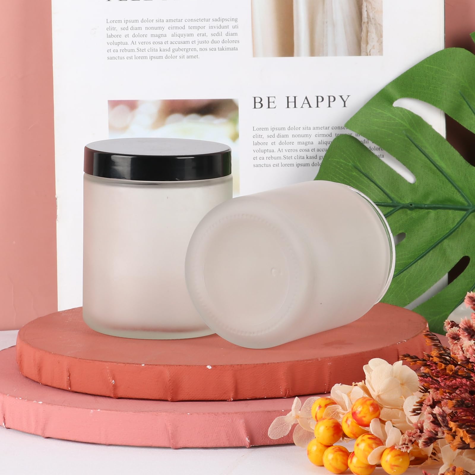 8 Oz Frosted Round Glass Jars, Pack Of 2 With Black Lids, Cosmetics Containers For Face Cream Lotion, Powder, Candle, Spice, Bod