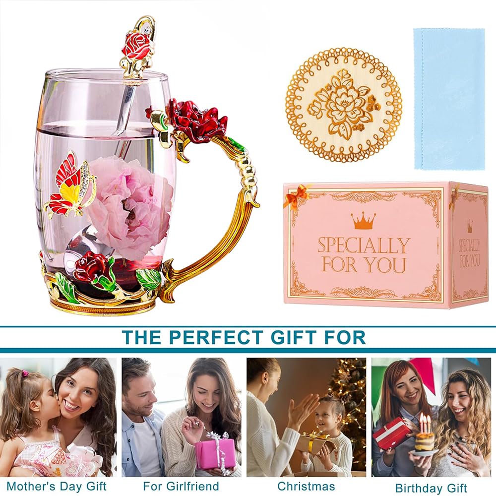 Dasyfly Birthday Gifts For Women,Enamel Butterfly Flower Glass Tea Cup Rose Red Coffee Mug,Cute Gifts For Mom Grandma Women Wife