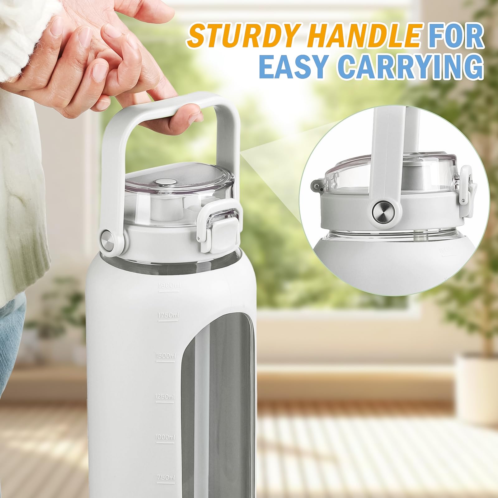 Bluego 64Oz Glass Water Bottles With Straw Time Marker Half Gallon Large Motivational Water Bottle With Silicone Sleeve 2L Big J