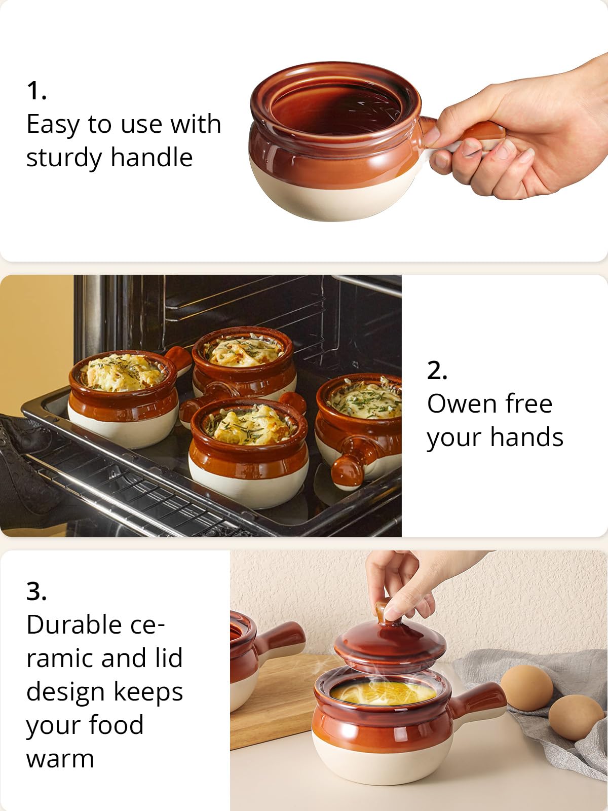 Lifver 18 Oz French Onion Soup Bowls & Crocks Set Of 4 - Ceramic Bowls With Handle And Lid For For Soup, Stew, Chilli - Oven & D