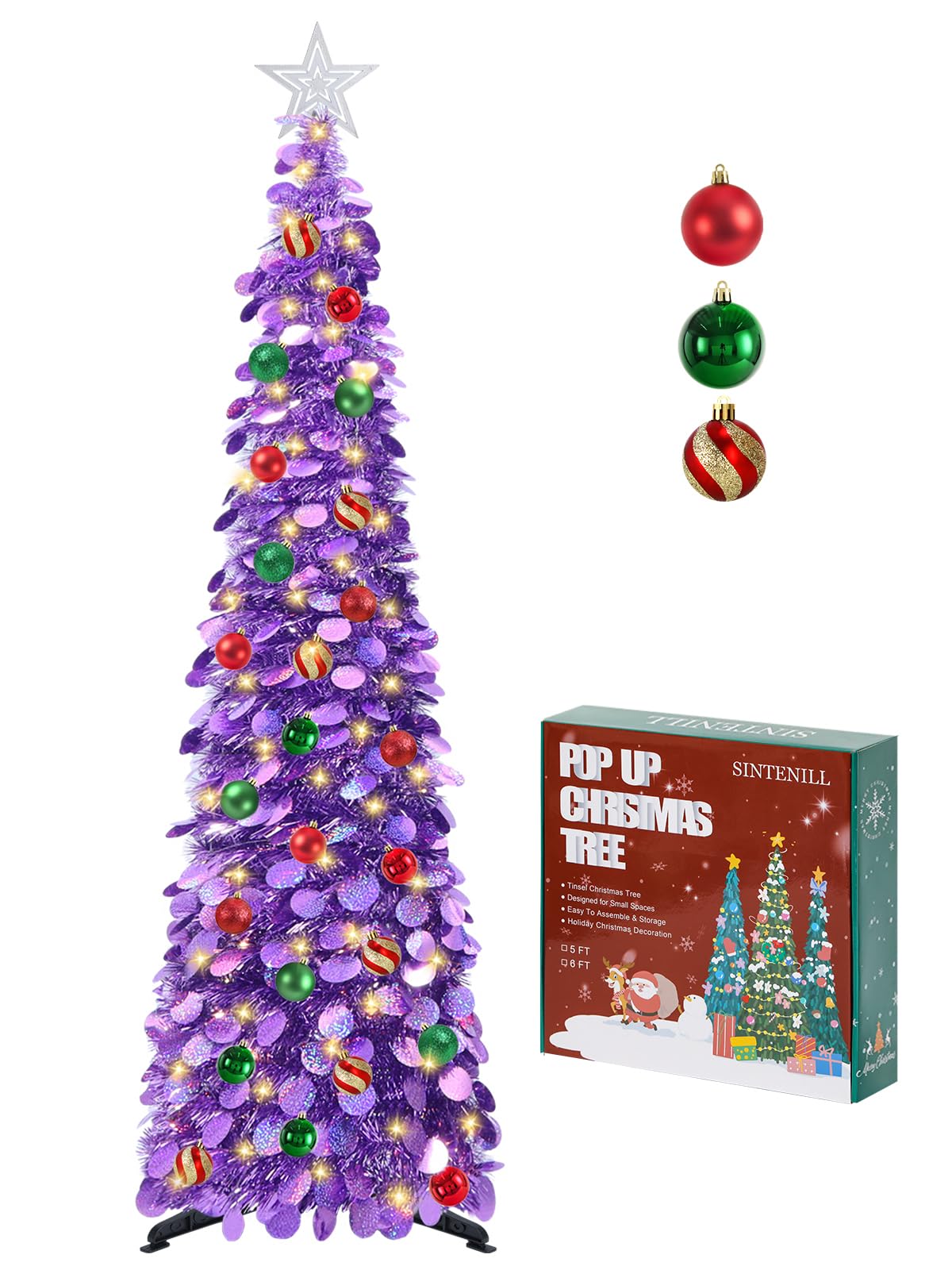 SINTENILL 5 FT Pop Up Christmas Tree with Timer Lights and Decorations, Purple Artificial Tinsel Christmas Tree with 24 Ball Orn