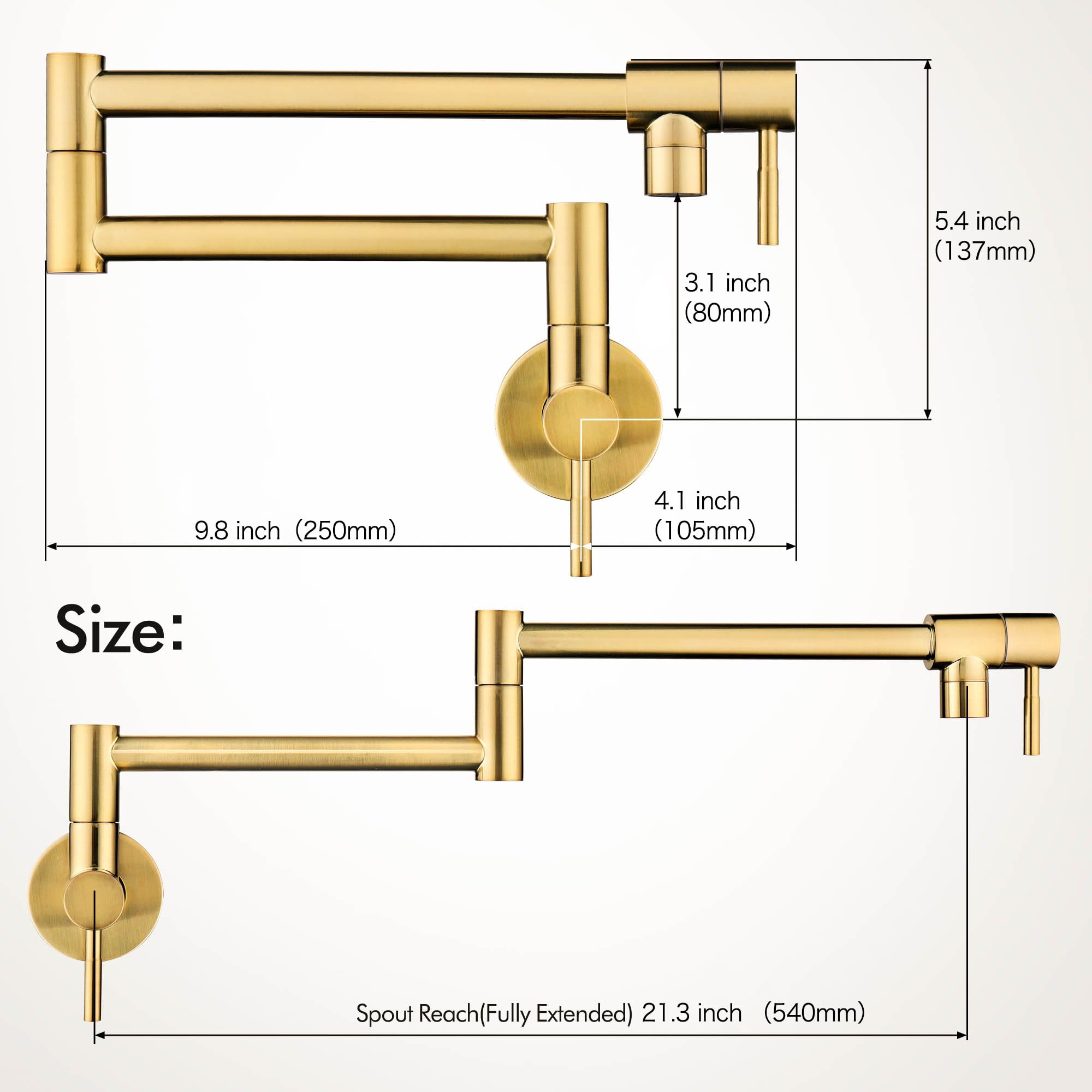 Fransiton Brushed Gold Pot Filler, Pot Filler Faucet Wall Mount, Brass Folding Stretchable With Double Joint Swing Arm Single Ho