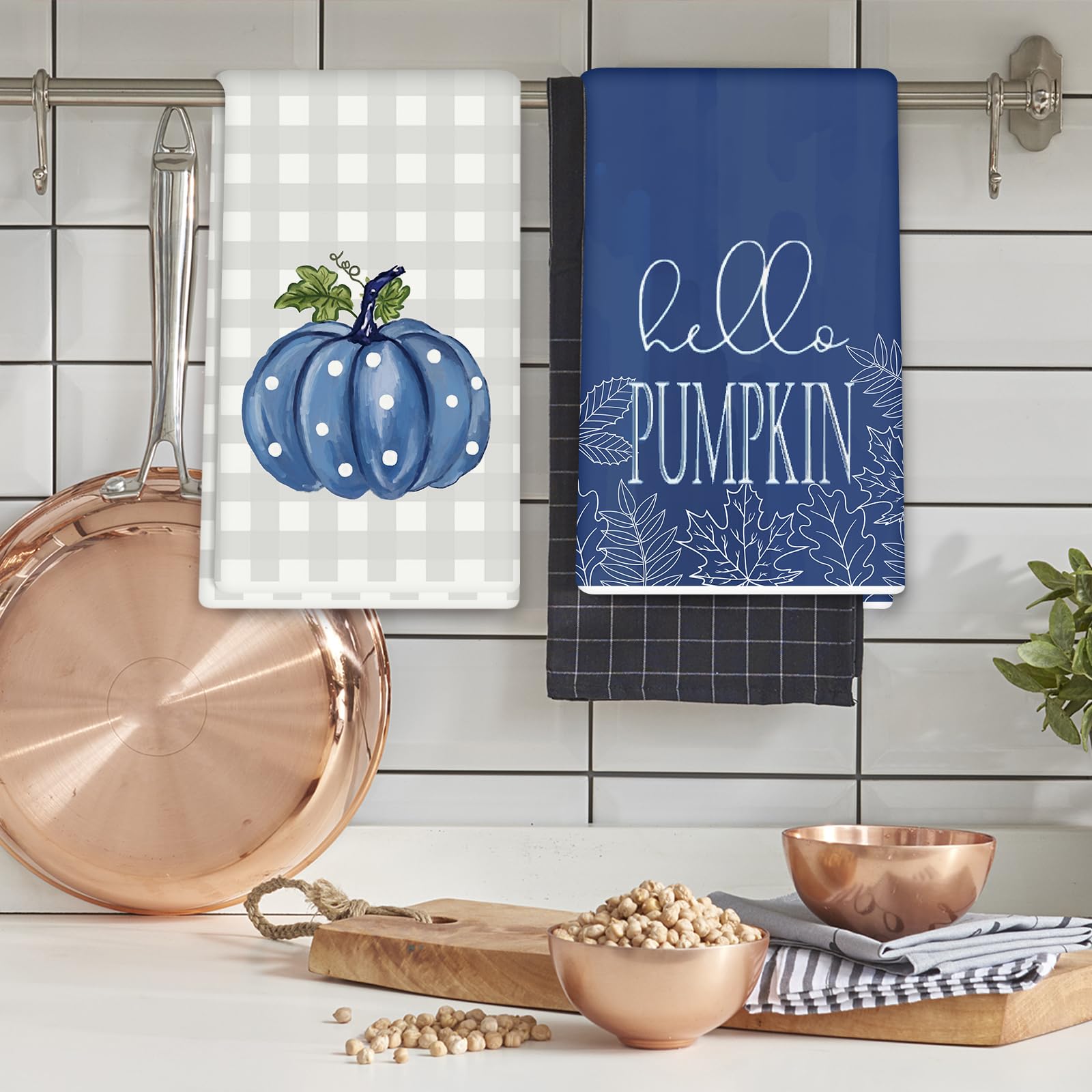 Anydesign Fall Kitchen Dish Towel 18 X 28 Inch Blue Pumpkins Autumn Dishcloth Grey Plaid Farmhouse Decorative Hand Drying Tea To